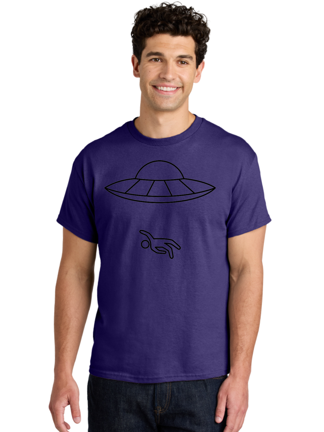 Ufo Men'S Graphic Tee, 100% Cotton, Comfortable Casual Summer Wear, Machine Washable, Ufo Sighting, Alien Encounter, Mysterious Hand, Black Outline, Simple Design, Pop Art Style, Modern Graphic, Minimalist Illustration, Outer Space, - Aaa227