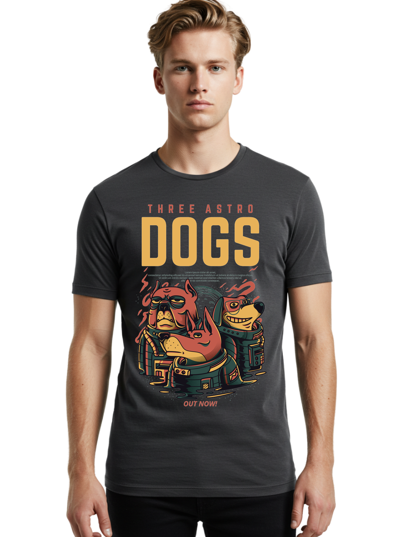Three-Astronaut-Dogs Men'S Graphic Tee, 100% Cotton, Comfortable Casual Summer Wear, Machine Washable, Astronaut Dogs, Cartoon Characters, Space Adventure, Futuristic Artwork, Robotic Suits, Dog Illustrations, Retro-Futuristic Style, - Aaa231