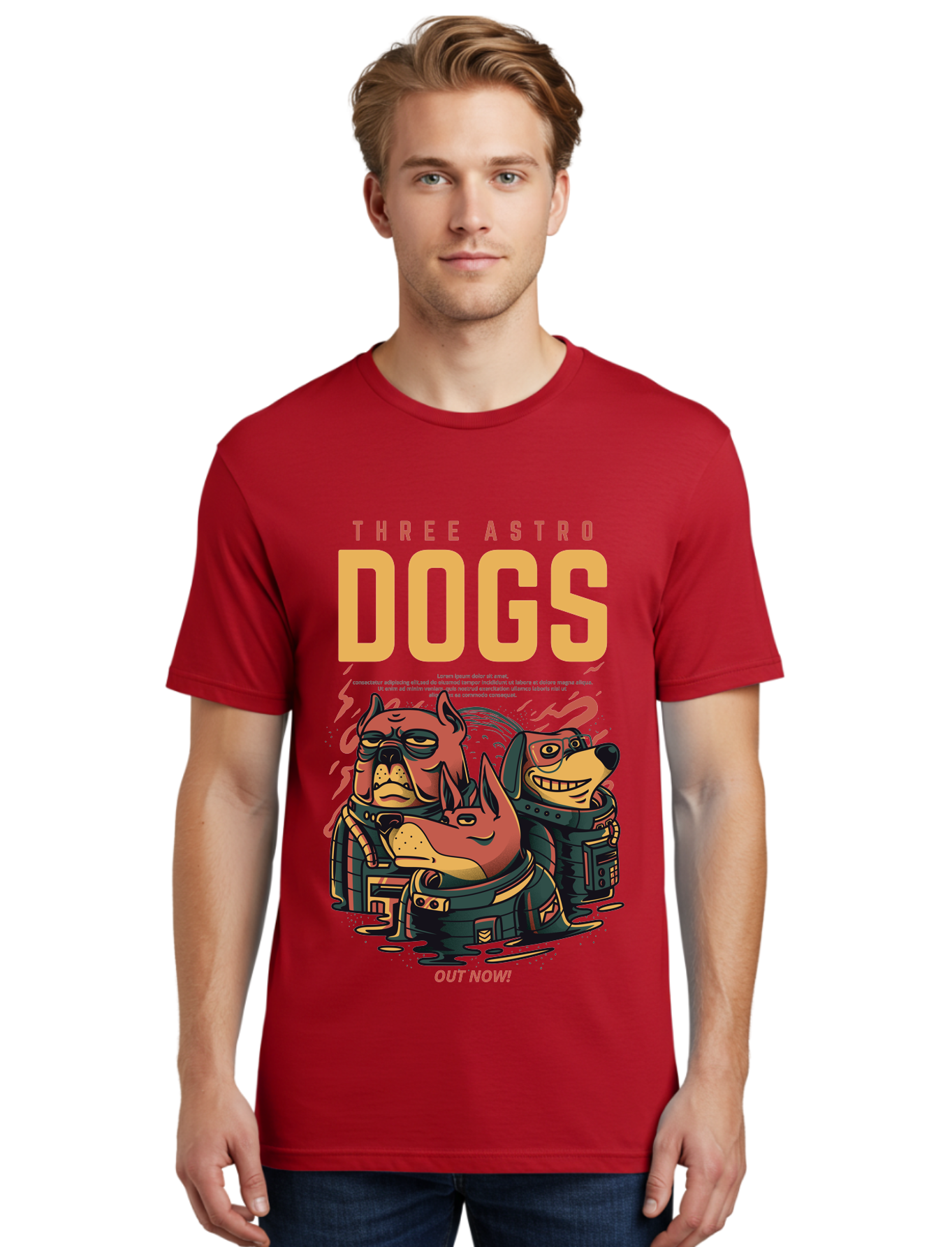 Three-Astronaut-Dogs Men'S Graphic Tee, 100% Cotton, Comfortable Casual Summer Wear, Machine Washable, Astronaut Dogs, Cartoon Characters, Space Adventure, Futuristic Artwork, Robotic Suits, Dog Illustrations, Retro-Futuristic Style, - Aaa231