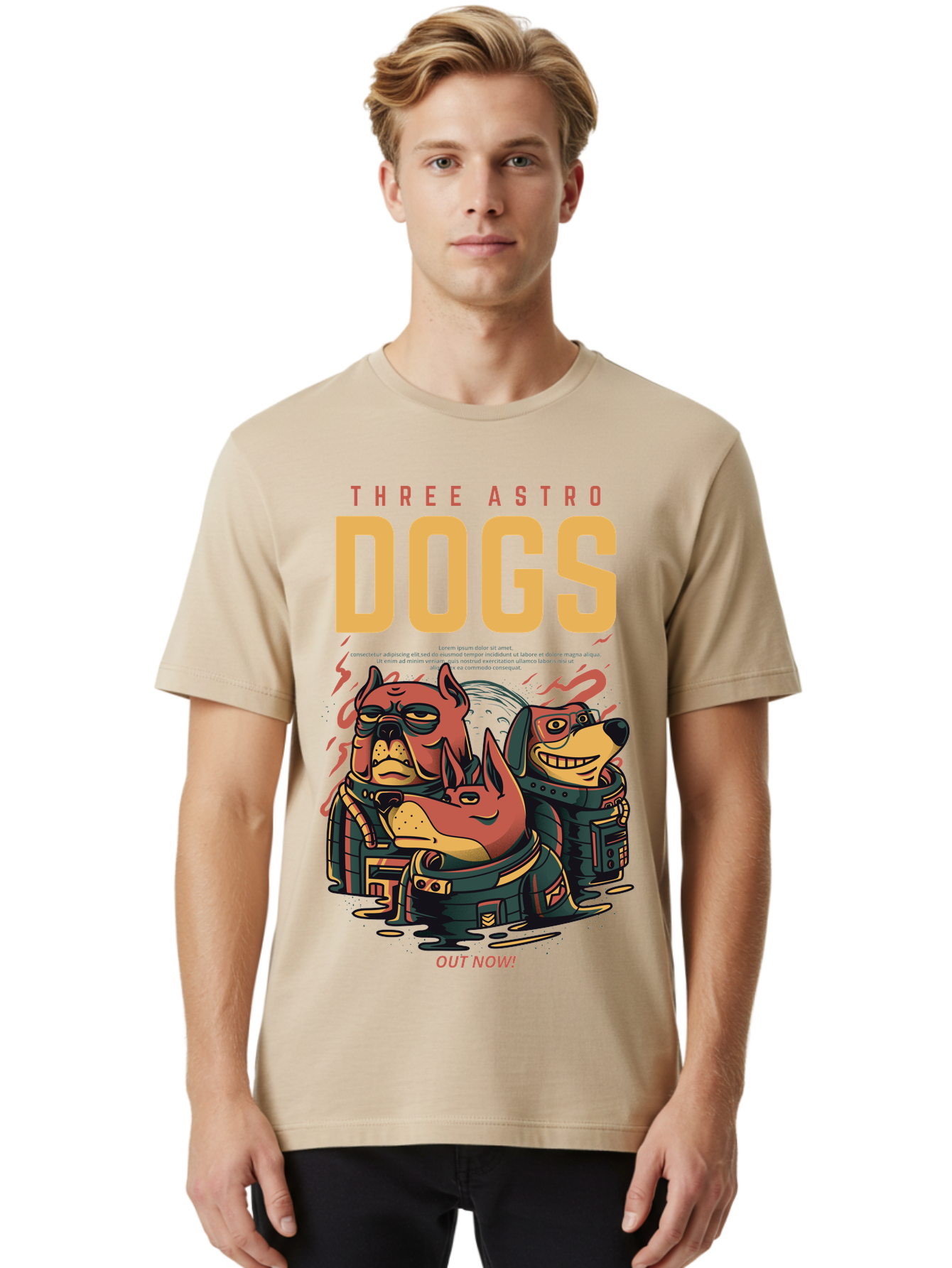 Three-Astronaut-Dogs Men'S Graphic Tee, 100% Cotton, Comfortable Casual Summer Wear, Machine Washable, Astronaut Dogs, Cartoon Characters, Space Adventure, Futuristic Artwork, Robotic Suits, Dog Illustrations, Retro-Futuristic Style, - Aaa231