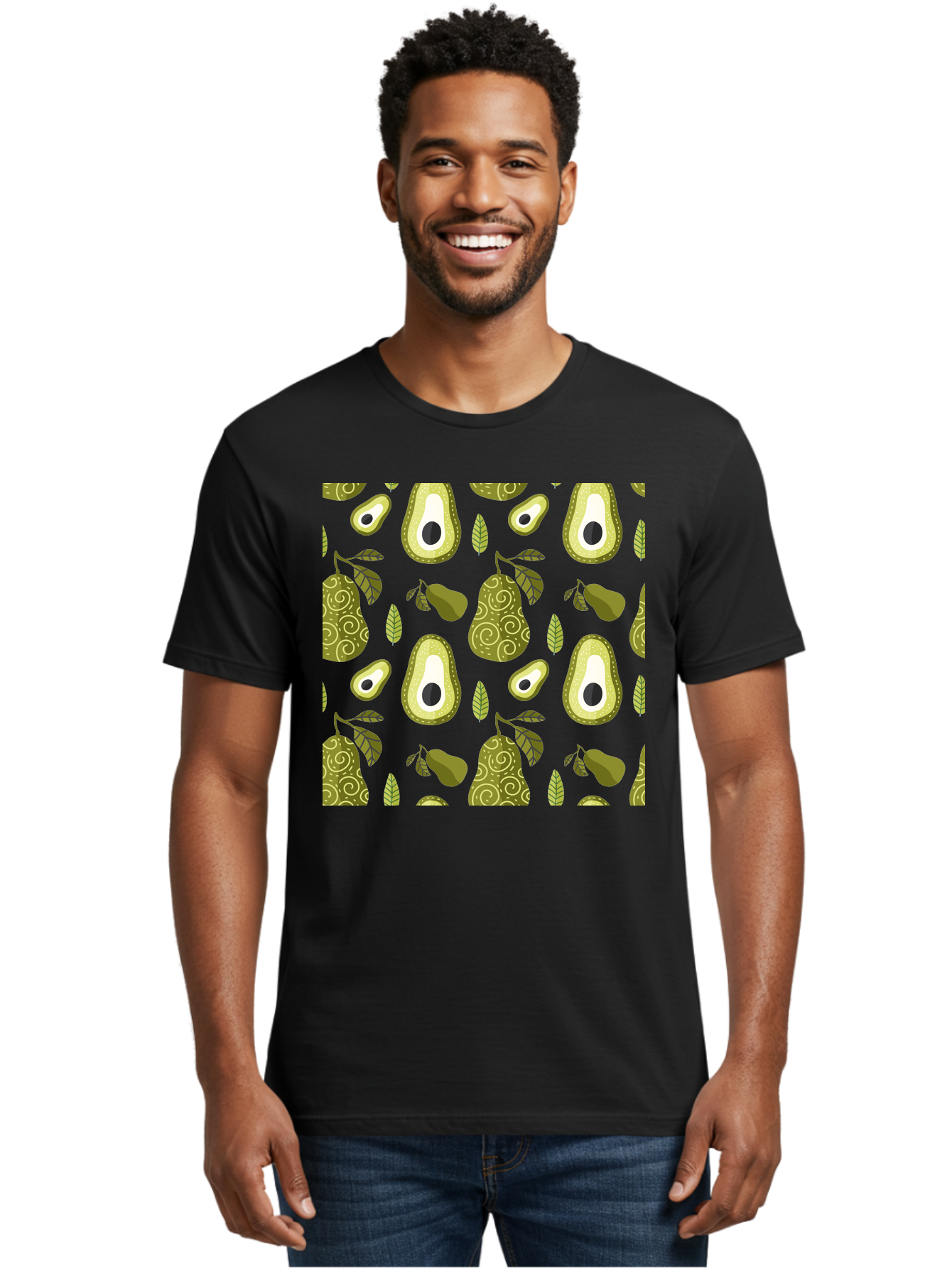 Avocado-Pattern Men'S Graphic Tee, 100% Cotton, Comfortable Casual Summer Wear, Machine Washable, Avocado Pattern, Half Avocados, Whole Avocados, Leaves, Swirls, Food Illustration, Healthy Eating, Organic Produce, Kitchen Decor, - Aaa232