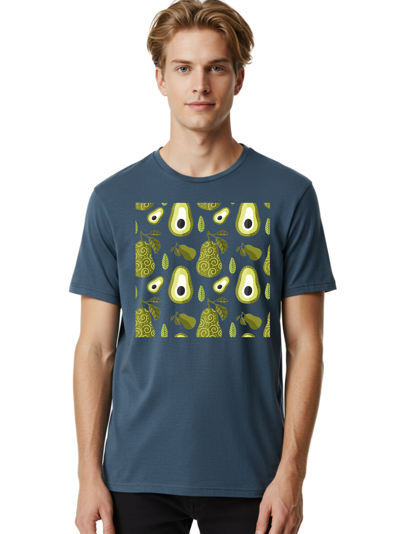 Avocado-Pattern Men'S Graphic Tee, 100% Cotton, Comfortable Casual Summer Wear, Machine Washable, Avocado Pattern, Half Avocados, Whole Avocados, Leaves, Swirls, Food Illustration, Healthy Eating, Organic Produce, Kitchen Decor, - Aaa232