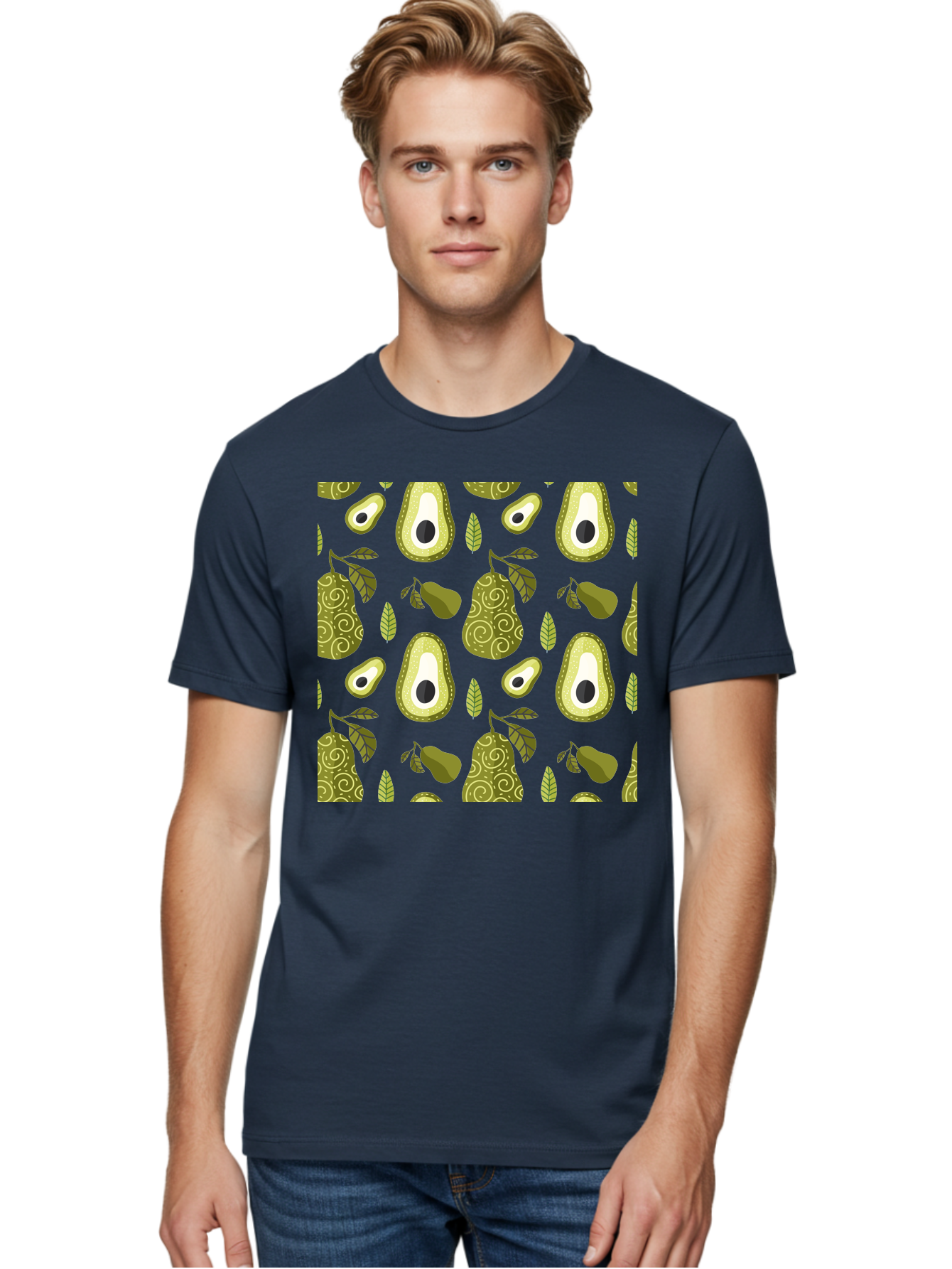 Avocado-Pattern Men'S Graphic Tee, 100% Cotton, Comfortable Casual Summer Wear, Machine Washable, Avocado Pattern, Half Avocados, Whole Avocados, Leaves, Swirls, Food Illustration, Healthy Eating, Organic Produce, Kitchen Decor, - Aaa232