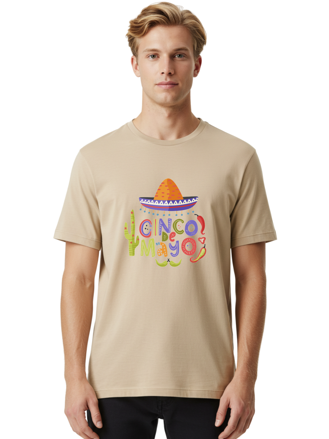Cinco-De-Mayo-2 Men'S Graphic Tee, 100% Cotton, Comfortable Casual Summer Wear, Machine Washable, Cinco De Mayo, Mexican Holiday, Festive Celebration, Colorful Sombrero, Cactus, Chili Peppers, Vibrant Colors, Fiesta Theme, Party Decoration, - Aaa234