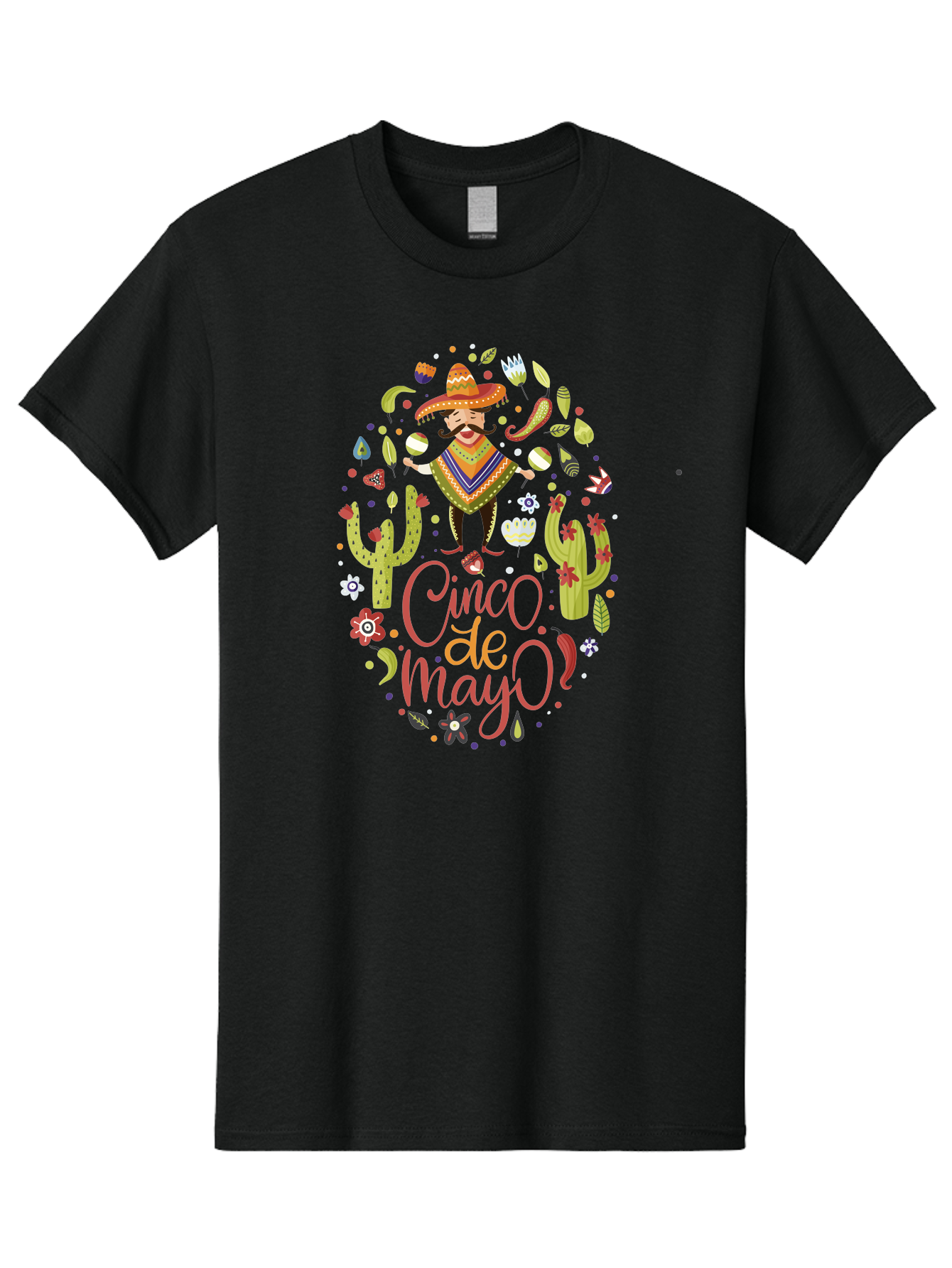 Cinco-De-Mayo Men'S Graphic Tee, 100% Cotton, Comfortable Casual Summer Wear, Machine Washable, Mexican Man, Sombrero, Poncho, Mustache, Maracas, Cacti, Flowers, Butterflies, Birds, Festive Atmosphere, Latin Culture, Holiday Celebration, - Aaa240