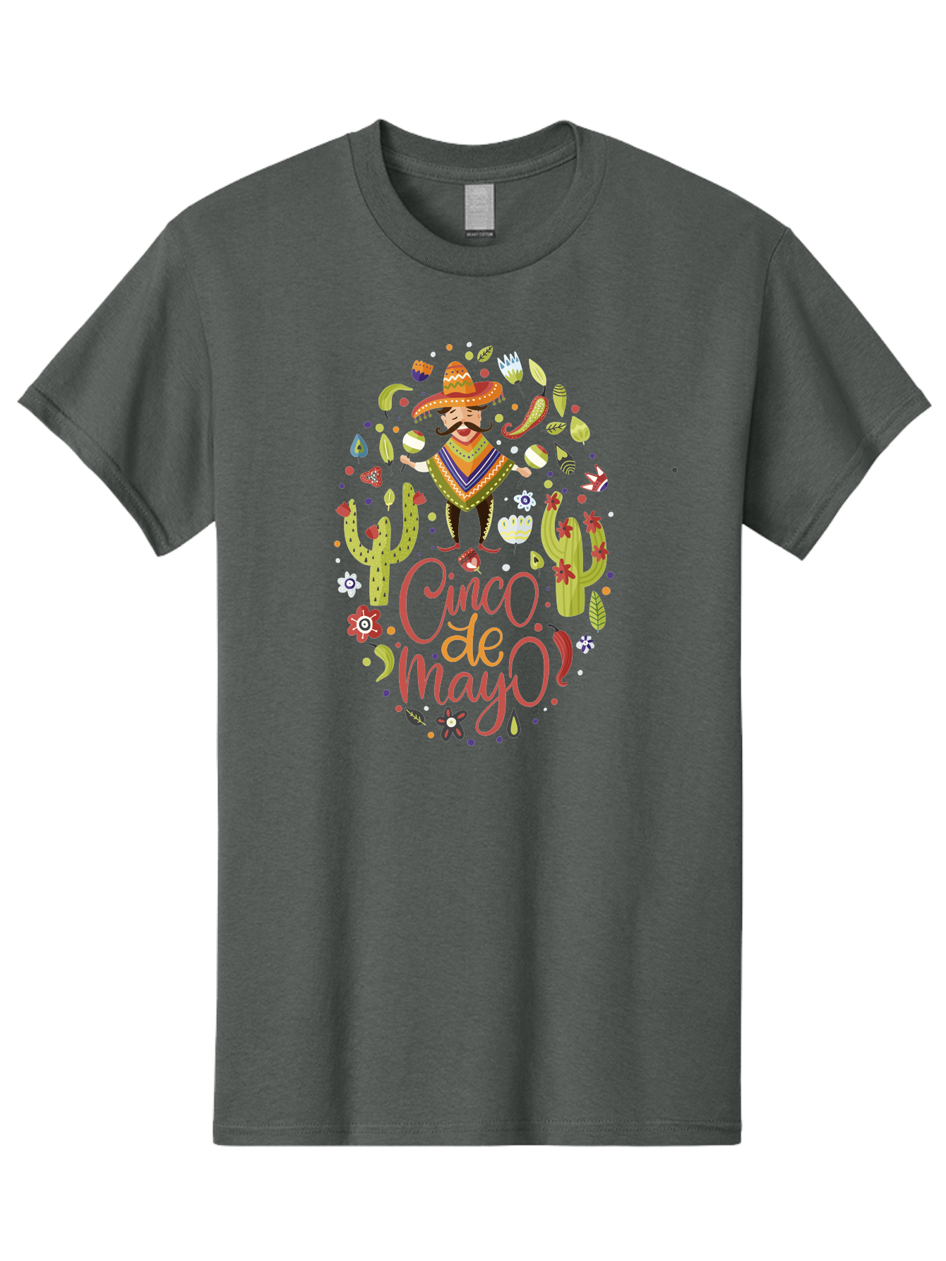 Cinco-De-Mayo Men'S Graphic Tee, 100% Cotton, Comfortable Casual Summer Wear, Machine Washable, Mexican Man, Sombrero, Poncho, Mustache, Maracas, Cacti, Flowers, Butterflies, Birds, Festive Atmosphere, Latin Culture, Holiday Celebration, - Aaa240
