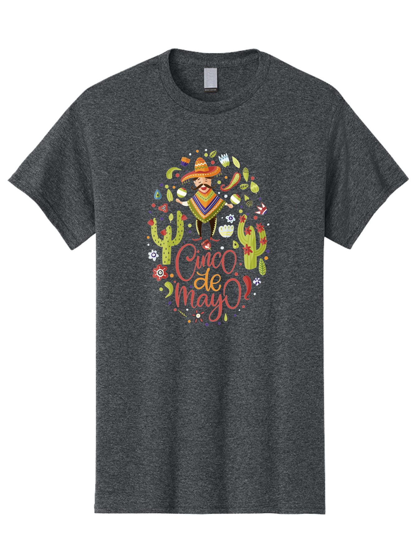 Cinco-De-Mayo Men'S Graphic Tee, 100% Cotton, Comfortable Casual Summer Wear, Machine Washable, Mexican Man, Sombrero, Poncho, Mustache, Maracas, Cacti, Flowers, Butterflies, Birds, Festive Atmosphere, Latin Culture, Holiday Celebration, - Aaa240