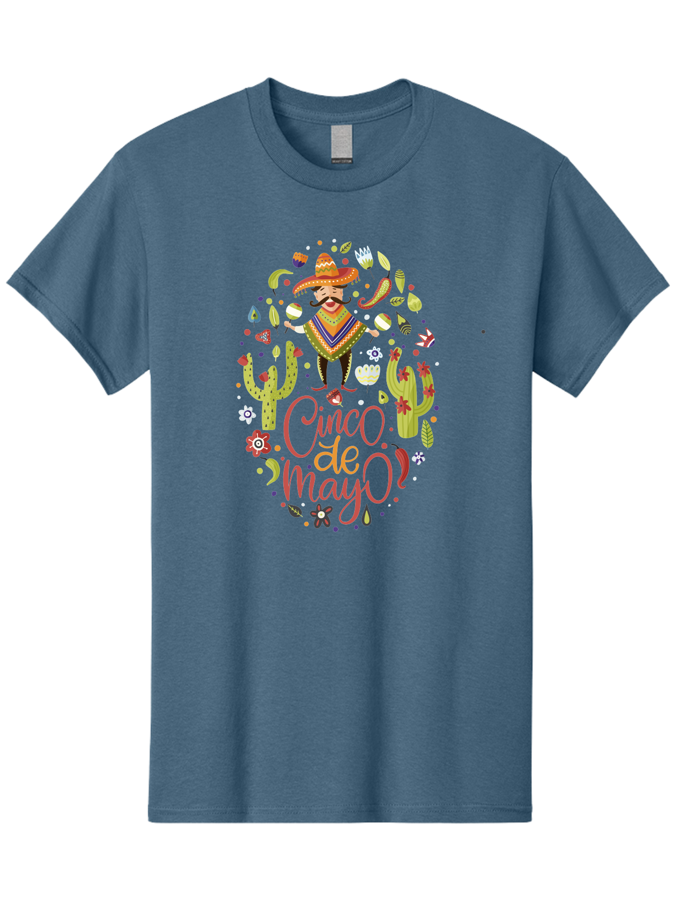 Cinco-De-Mayo Men'S Graphic Tee, 100% Cotton, Comfortable Casual Summer Wear, Machine Washable, Mexican Man, Sombrero, Poncho, Mustache, Maracas, Cacti, Flowers, Butterflies, Birds, Festive Atmosphere, Latin Culture, Holiday Celebration, - Aaa240
