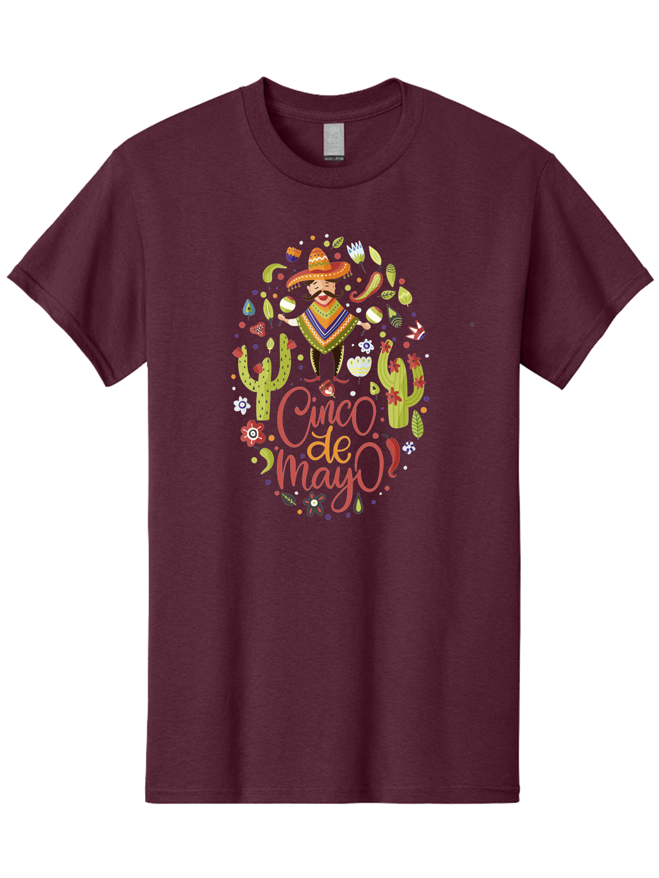 Cinco-De-Mayo Men'S Graphic Tee, 100% Cotton, Comfortable Casual Summer Wear, Machine Washable, Mexican Man, Sombrero, Poncho, Mustache, Maracas, Cacti, Flowers, Butterflies, Birds, Festive Atmosphere, Latin Culture, Holiday Celebration, - Aaa240