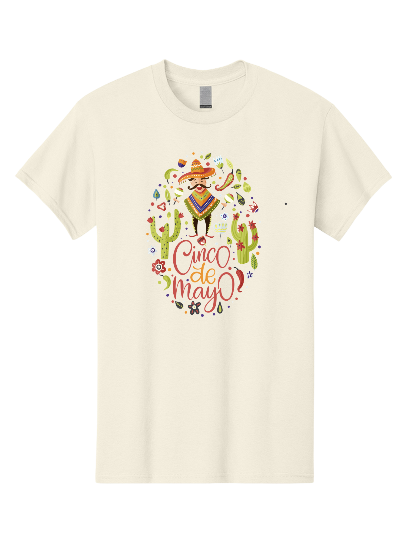 Cinco-De-Mayo Men'S Graphic Tee, 100% Cotton, Comfortable Casual Summer Wear, Machine Washable, Mexican Man, Sombrero, Poncho, Mustache, Maracas, Cacti, Flowers, Butterflies, Birds, Festive Atmosphere, Latin Culture, Holiday Celebration, - Aaa240