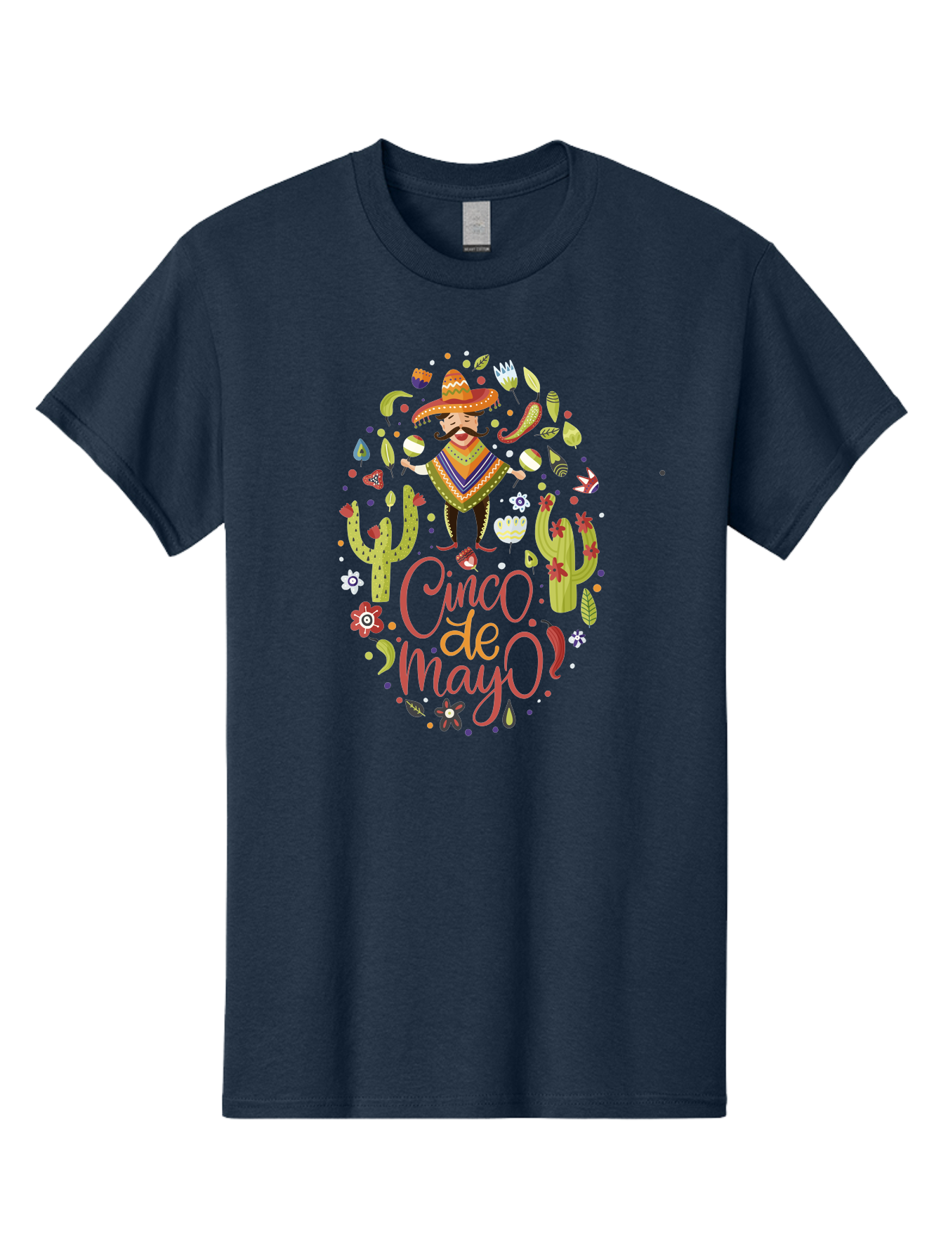 Cinco-De-Mayo Men'S Graphic Tee, 100% Cotton, Comfortable Casual Summer Wear, Machine Washable, Mexican Man, Sombrero, Poncho, Mustache, Maracas, Cacti, Flowers, Butterflies, Birds, Festive Atmosphere, Latin Culture, Holiday Celebration, - Aaa240
