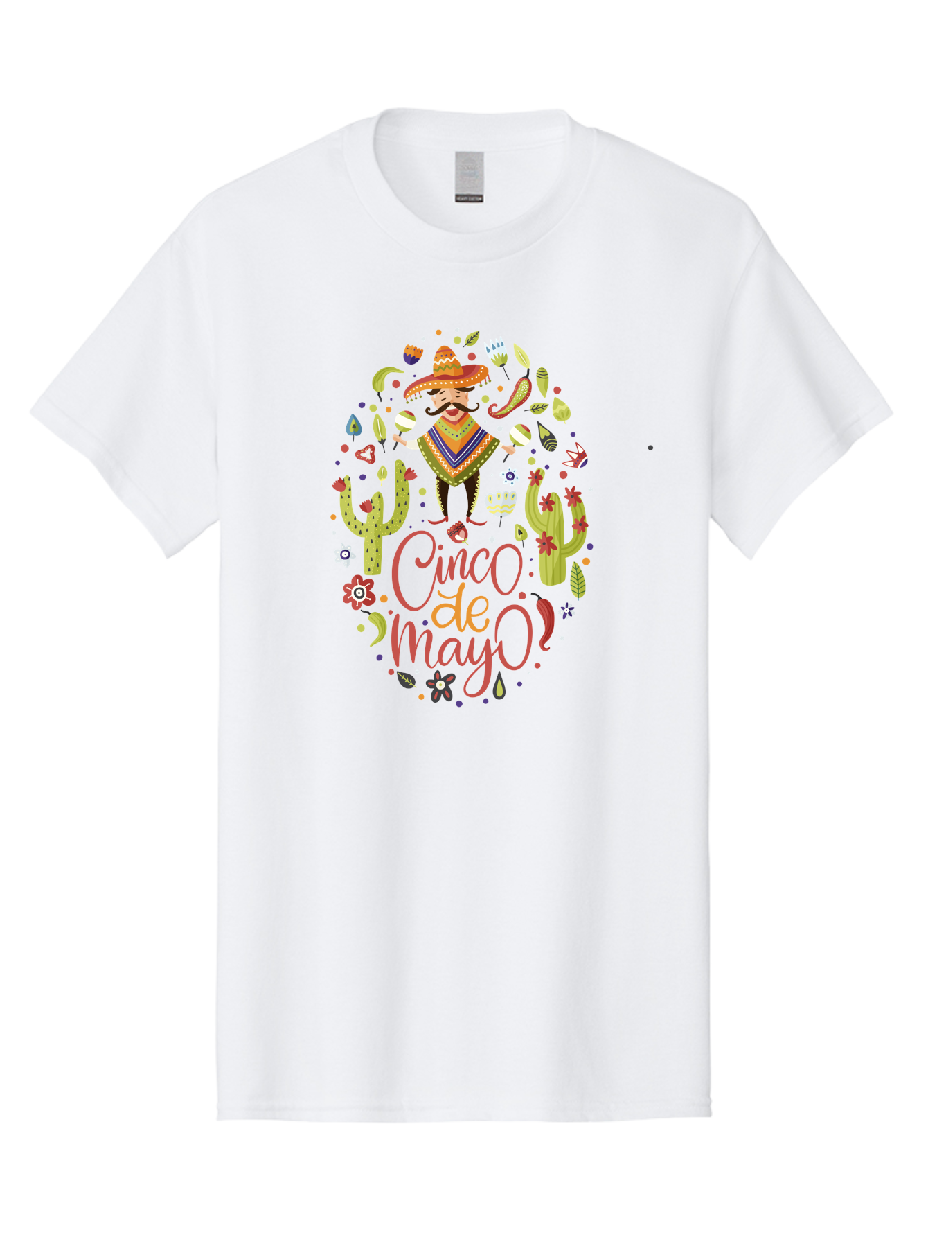 Cinco-De-Mayo Men'S Graphic Tee, 100% Cotton, Comfortable Casual Summer Wear, Machine Washable, Mexican Man, Sombrero, Poncho, Mustache, Maracas, Cacti, Flowers, Butterflies, Birds, Festive Atmosphere, Latin Culture, Holiday Celebration, - Aaa240