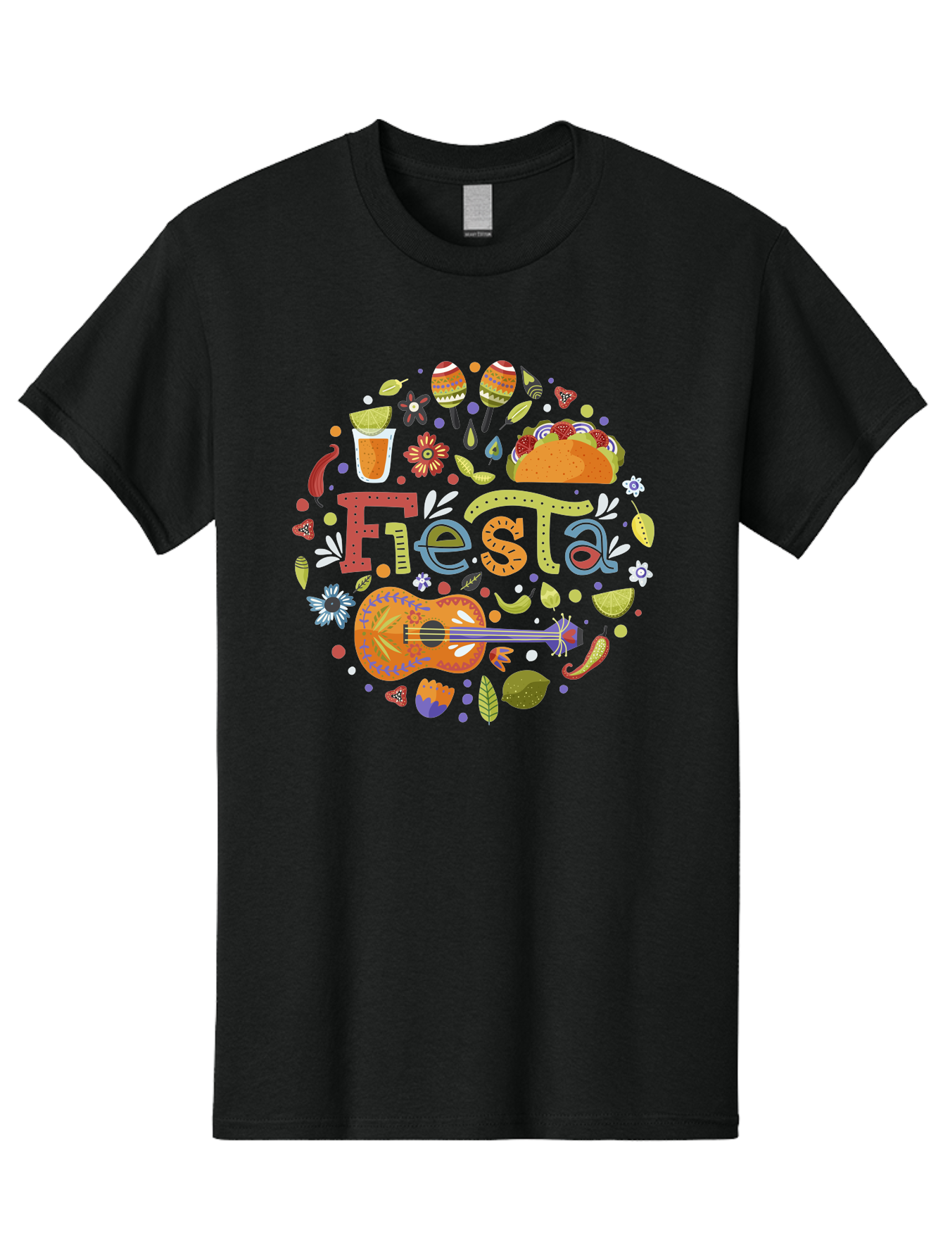 Festa Men'S Graphic Tee, 100% Cotton, Comfortable Casual Summer Wear, Machine Washable, Festival Vibes, Colorful Illustration, Mexican Food, Drinks, Flowers, Guitar, Maracas, Lively Celebration, Vibrant Colors, Festive Atmosphere, Party, - Aaa242