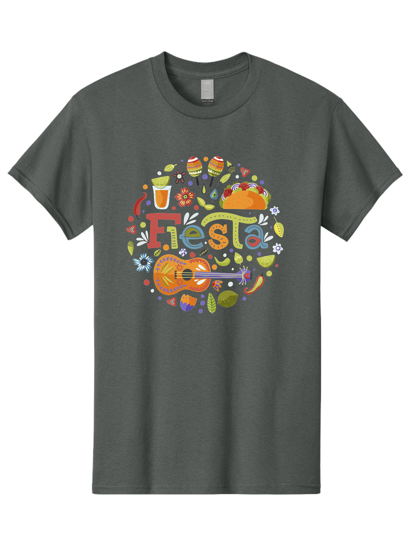 Festa Men'S Graphic Tee, 100% Cotton, Comfortable Casual Summer Wear, Machine Washable, Festival Vibes, Colorful Illustration, Mexican Food, Drinks, Flowers, Guitar, Maracas, Lively Celebration, Vibrant Colors, Festive Atmosphere, Party, - Aaa242