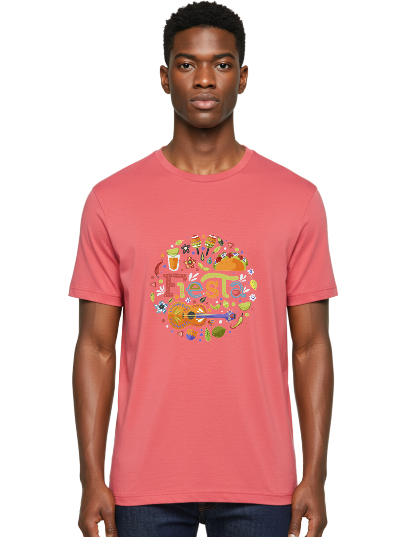 Festa Men'S Graphic Tee, 100% Cotton, Comfortable Casual Summer Wear, Machine Washable, Festival Vibes, Colorful Illustration, Mexican Food, Drinks, Flowers, Guitar, Maracas, Lively Celebration, Vibrant Colors, Festive Atmosphere, Party, - Aaa242
