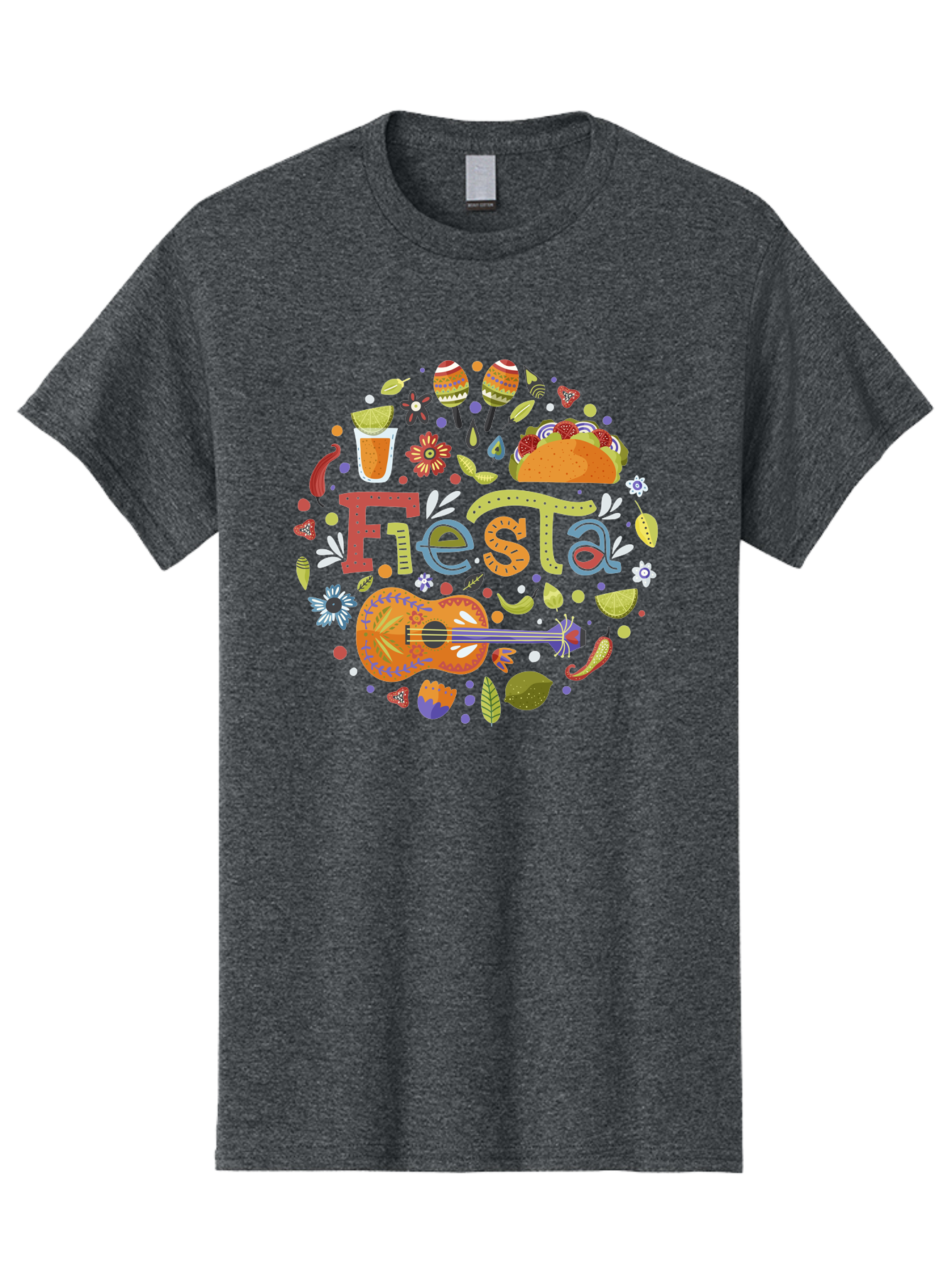 Festa Men'S Graphic Tee, 100% Cotton, Comfortable Casual Summer Wear, Machine Washable, Festival Vibes, Colorful Illustration, Mexican Food, Drinks, Flowers, Guitar, Maracas, Lively Celebration, Vibrant Colors, Festive Atmosphere, Party, - Aaa242