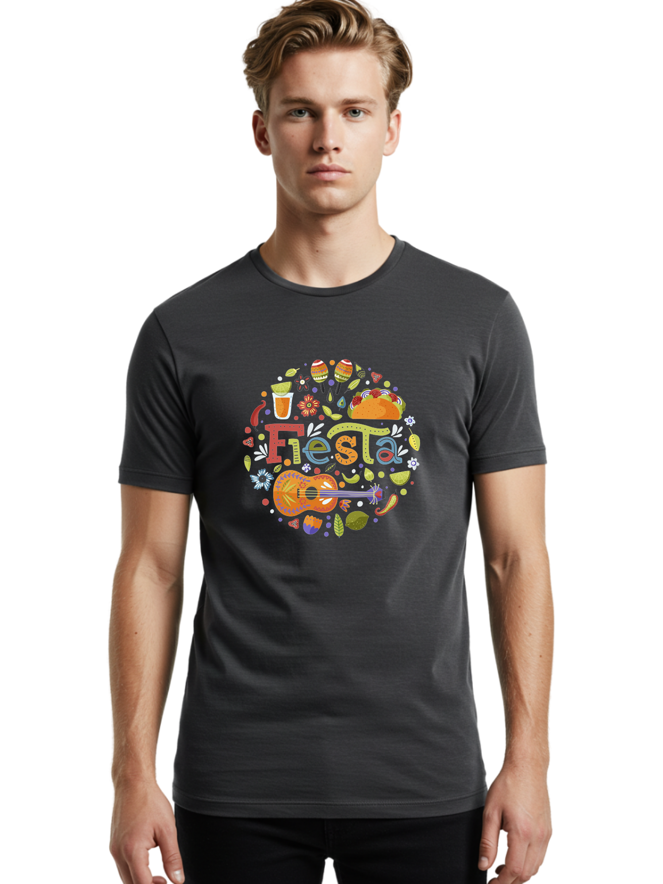 Festa Men'S Graphic Tee, 100% Cotton, Comfortable Casual Summer Wear, Machine Washable, Festival Vibes, Colorful Illustration, Mexican Food, Drinks, Flowers, Guitar, Maracas, Lively Celebration, Vibrant Colors, Festive Atmosphere, Party, - Aaa242