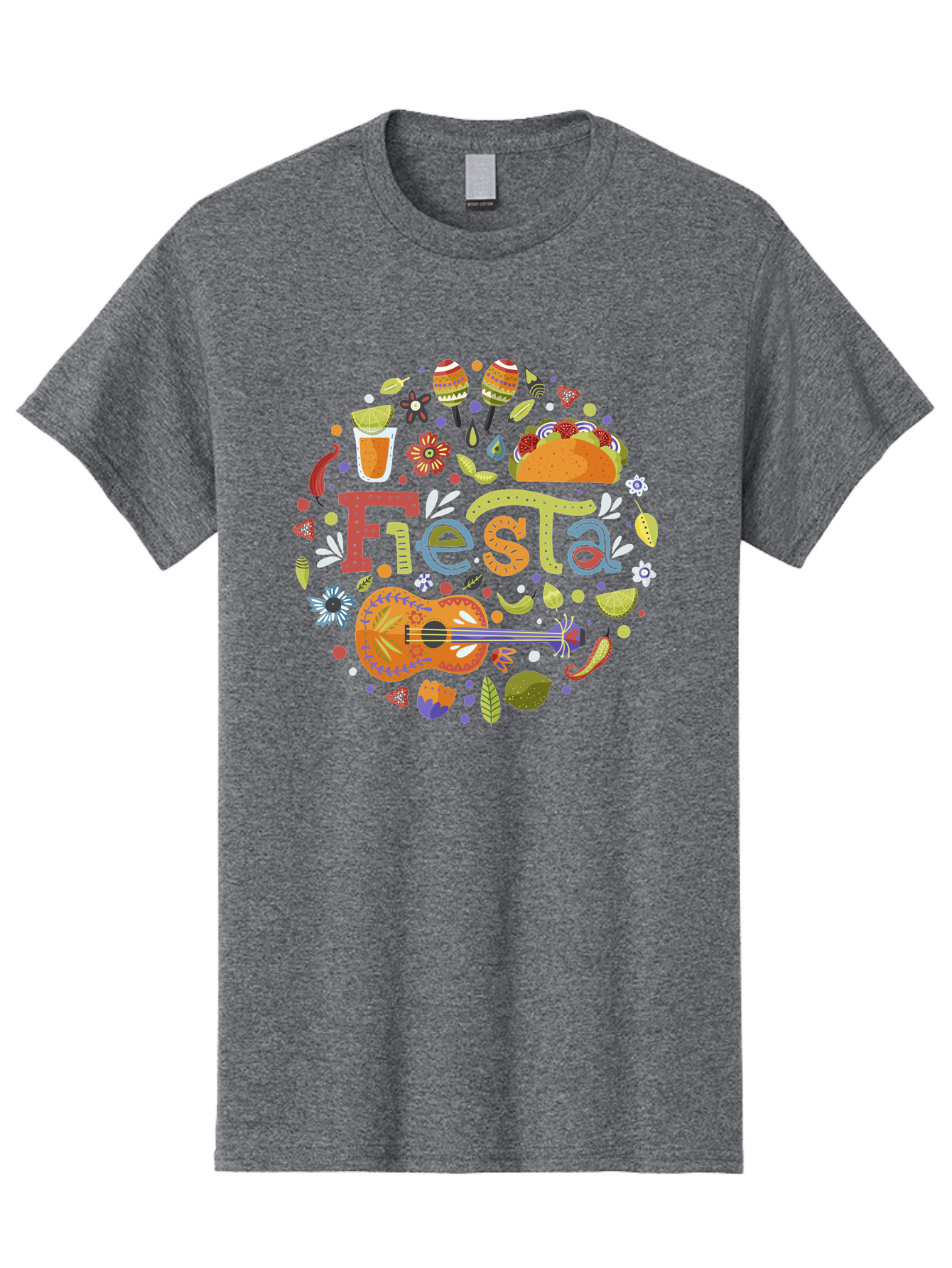 Festa Men'S Graphic Tee, 100% Cotton, Comfortable Casual Summer Wear, Machine Washable, Festival Vibes, Colorful Illustration, Mexican Food, Drinks, Flowers, Guitar, Maracas, Lively Celebration, Vibrant Colors, Festive Atmosphere, Party, - Aaa242