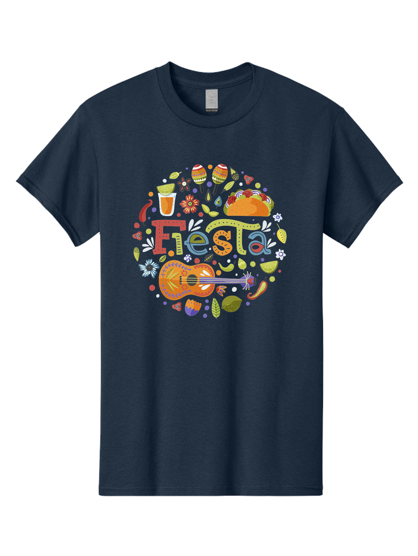 Festa Men'S Graphic Tee, 100% Cotton, Comfortable Casual Summer Wear, Machine Washable, Festival Vibes, Colorful Illustration, Mexican Food, Drinks, Flowers, Guitar, Maracas, Lively Celebration, Vibrant Colors, Festive Atmosphere, Party, - Aaa242