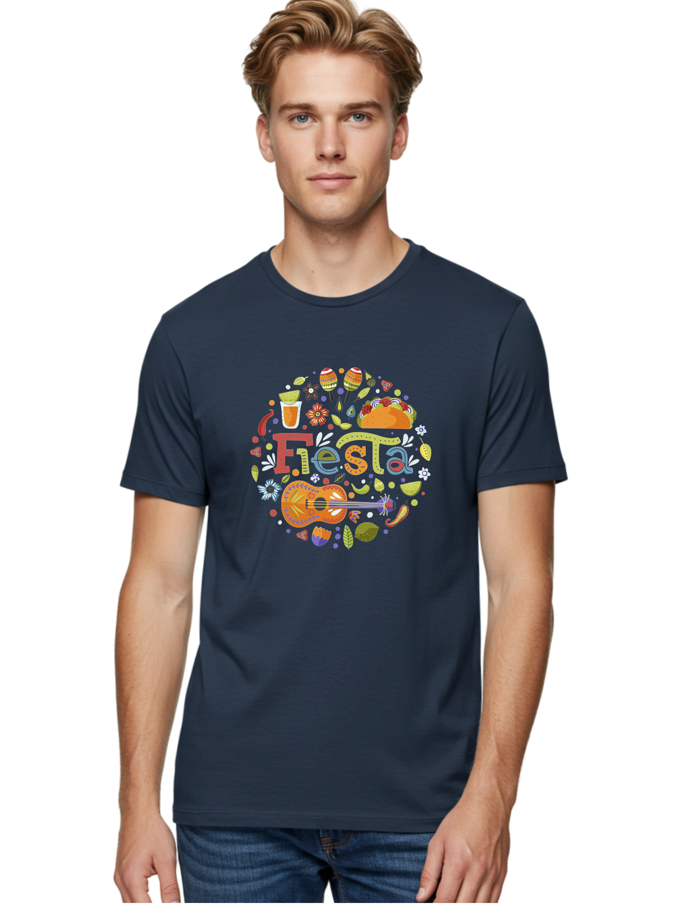 Festa Men'S Graphic Tee, 100% Cotton, Comfortable Casual Summer Wear, Machine Washable, Festival Vibes, Colorful Illustration, Mexican Food, Drinks, Flowers, Guitar, Maracas, Lively Celebration, Vibrant Colors, Festive Atmosphere, Party, - Aaa242