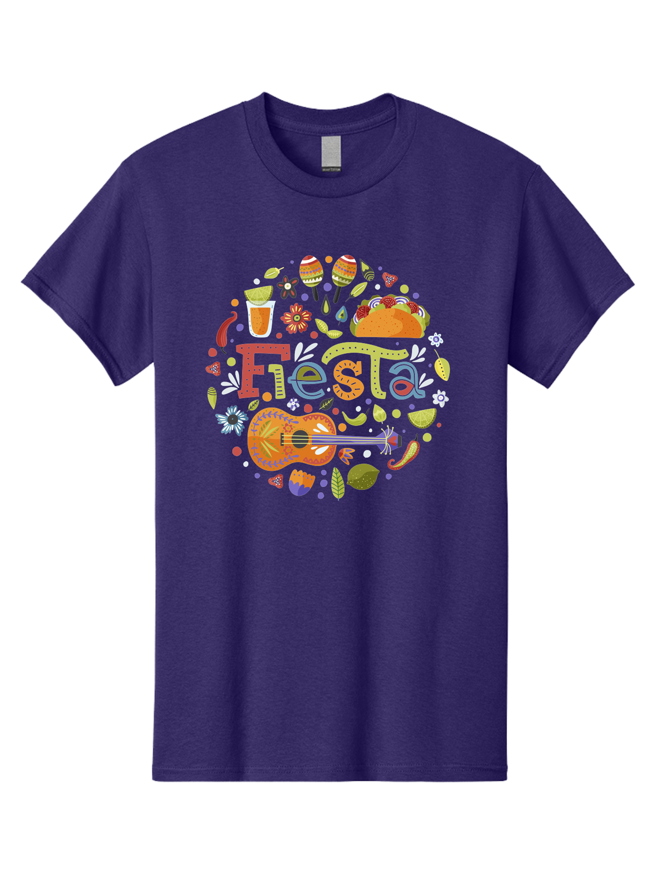 Festa Men'S Graphic Tee, 100% Cotton, Comfortable Casual Summer Wear, Machine Washable, Festival Vibes, Colorful Illustration, Mexican Food, Drinks, Flowers, Guitar, Maracas, Lively Celebration, Vibrant Colors, Festive Atmosphere, Party, - Aaa242