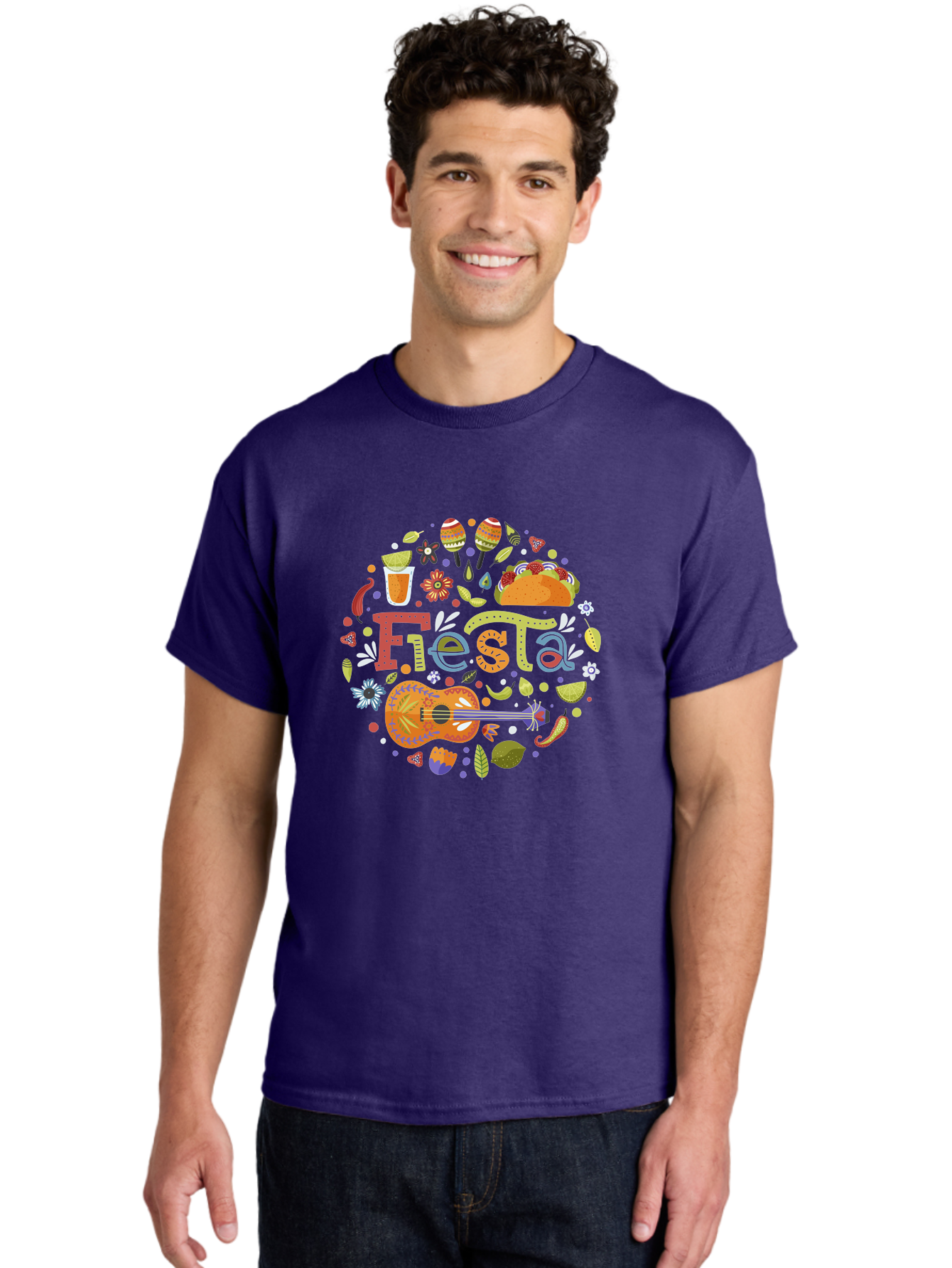 Festa Men'S Graphic Tee, 100% Cotton, Comfortable Casual Summer Wear, Machine Washable, Festival Vibes, Colorful Illustration, Mexican Food, Drinks, Flowers, Guitar, Maracas, Lively Celebration, Vibrant Colors, Festive Atmosphere, Party, - Aaa242