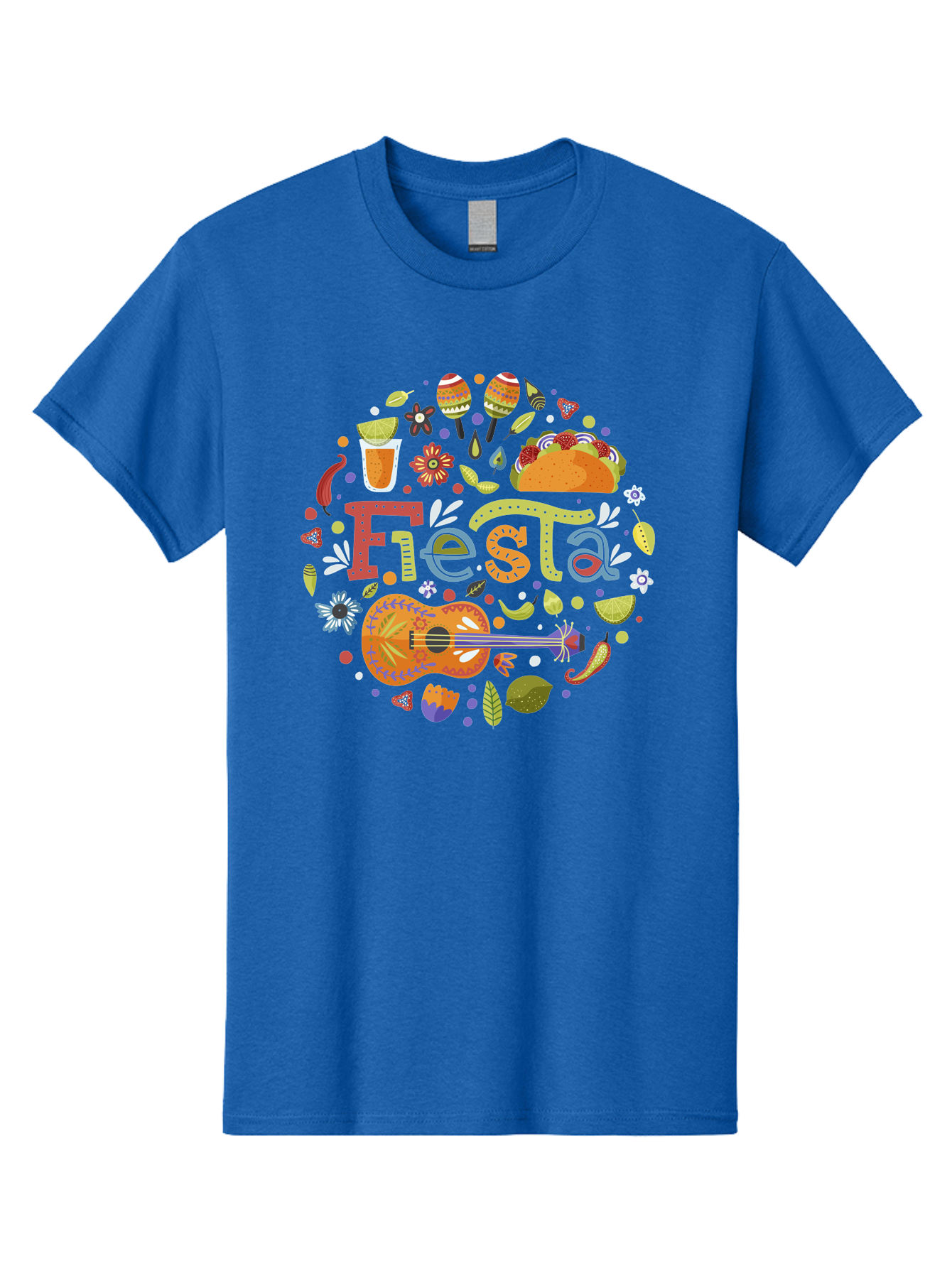 Festa Men'S Graphic Tee, 100% Cotton, Comfortable Casual Summer Wear, Machine Washable, Festival Vibes, Colorful Illustration, Mexican Food, Drinks, Flowers, Guitar, Maracas, Lively Celebration, Vibrant Colors, Festive Atmosphere, Party, - Aaa242