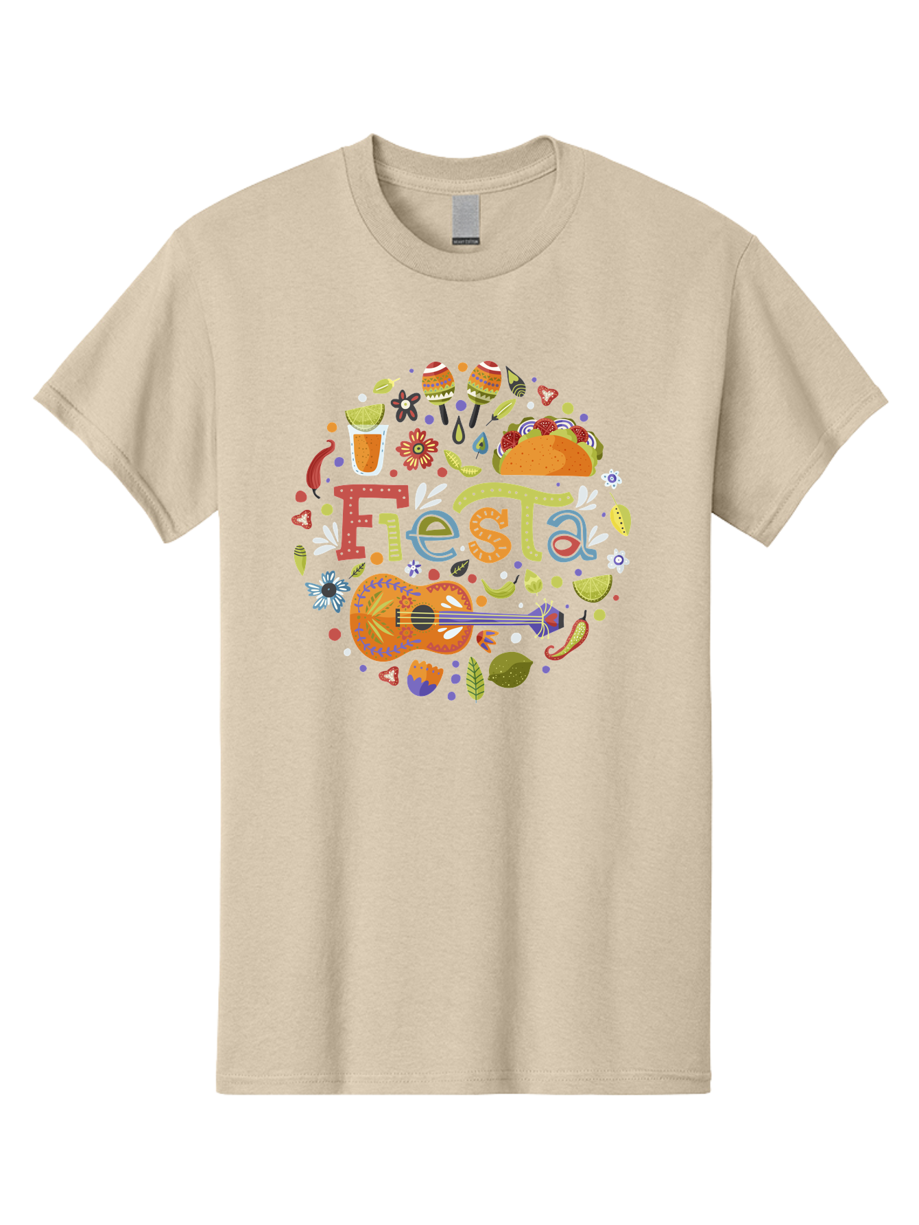 Festa Men'S Graphic Tee, 100% Cotton, Comfortable Casual Summer Wear, Machine Washable, Festival Vibes, Colorful Illustration, Mexican Food, Drinks, Flowers, Guitar, Maracas, Lively Celebration, Vibrant Colors, Festive Atmosphere, Party, - Aaa242