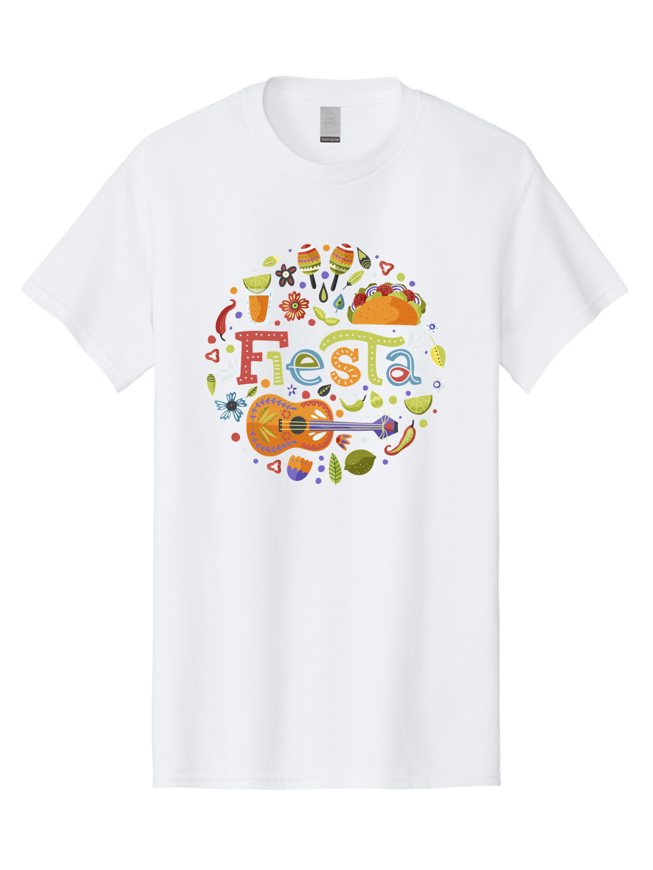 Festa Men'S Graphic Tee, 100% Cotton, Comfortable Casual Summer Wear, Machine Washable, Festival Vibes, Colorful Illustration, Mexican Food, Drinks, Flowers, Guitar, Maracas, Lively Celebration, Vibrant Colors, Festive Atmosphere, Party, - Aaa242