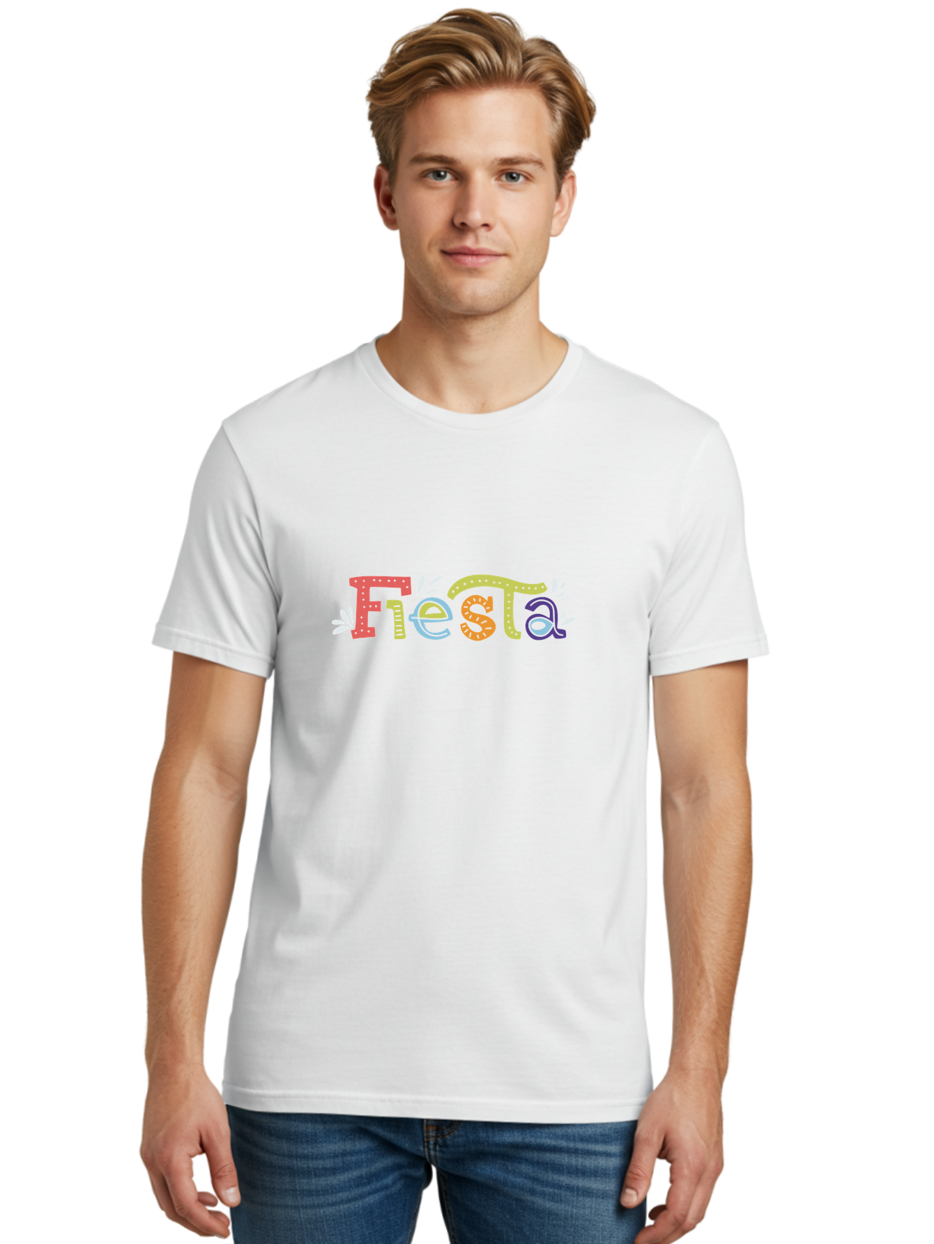 Fiesta-1 Men'S Graphic Tee, 100% Cotton, Comfortable Casual Summer Wear, Machine Washable, Vibrant Lettering, Colorful Text, Fiesta Theme, Festive Design, Celebration Graphics, Party Decoration, Multicolored Font, Decorative Leaves - Aaa243