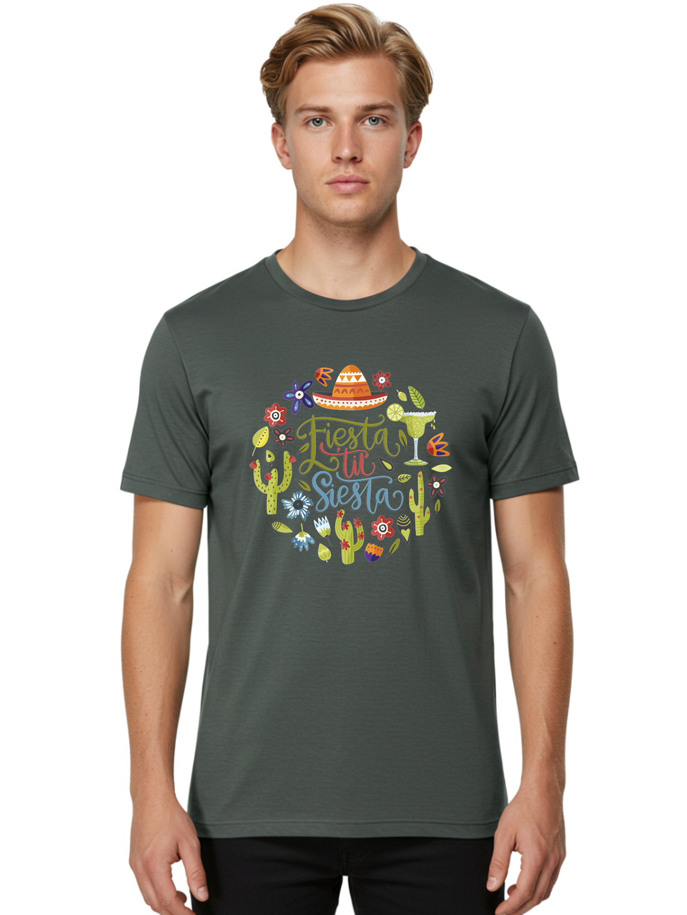 Fiesta-Till-Siesta Men'S Graphic Tee, 100% Cotton, Comfortable Casual Summer Wear, Machine Washable, Fiesta, Siesta, Colorful Flowers, Cacti, Sombrero, Margarita Glass, Margarita, Party, Celebration, Mexican Culture, Vibrant Colors, - Aaa247