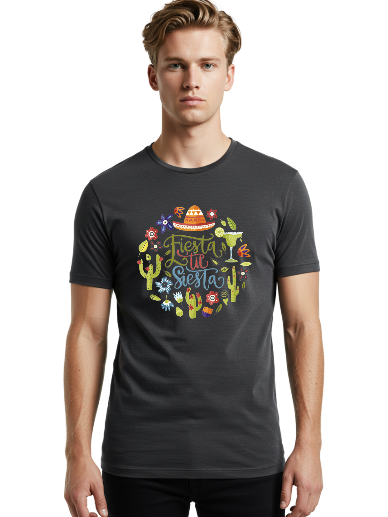 Fiesta-Till-Siesta Men'S Graphic Tee, 100% Cotton, Comfortable Casual Summer Wear, Machine Washable, Fiesta, Siesta, Colorful Flowers, Cacti, Sombrero, Margarita Glass, Margarita, Party, Celebration, Mexican Culture, Vibrant Colors, - Aaa247