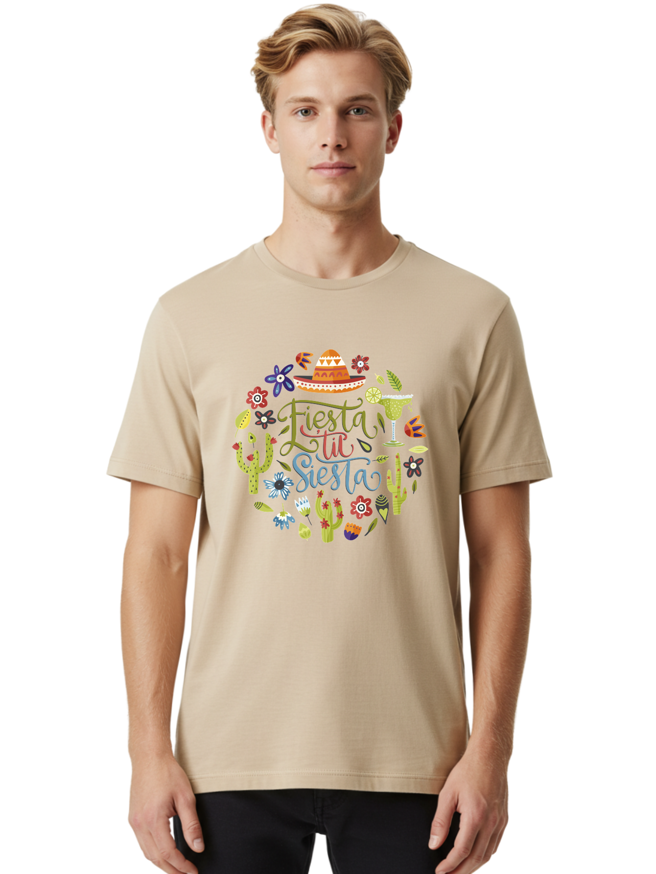 Fiesta-Till-Siesta Men'S Graphic Tee, 100% Cotton, Comfortable Casual Summer Wear, Machine Washable, Fiesta, Siesta, Colorful Flowers, Cacti, Sombrero, Margarita Glass, Margarita, Party, Celebration, Mexican Culture, Vibrant Colors, - Aaa247