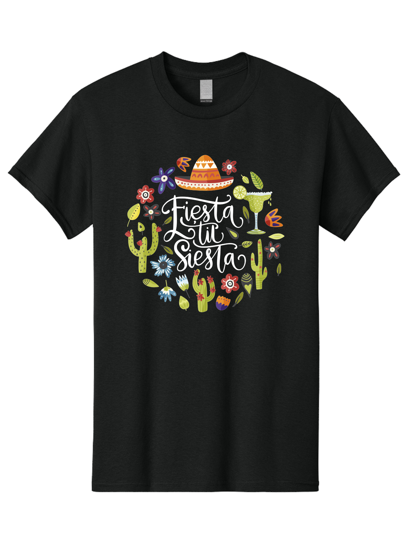 Fiesta-Tu-Siesta Men'S Graphic Tee, 100% Cotton, Comfortable Casual Summer Wear, Machine Washable, Fiesta Theme, Mexican Vacation, Margarita Cocktail, Sombrero Hat, Cacti Flowers, Colorful Decor, Party Celebration, Latino Culture, - Aaa248