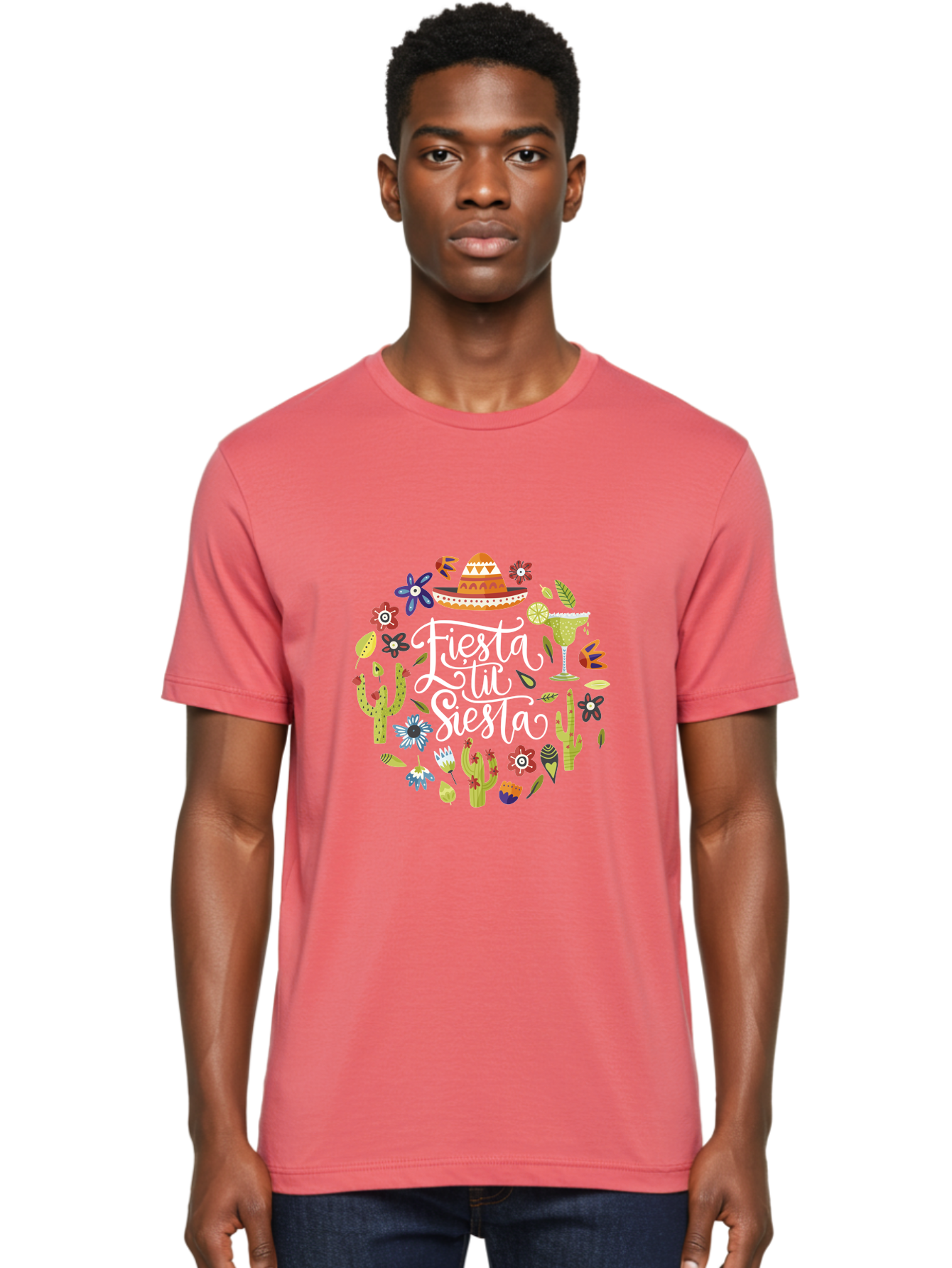 Fiesta-Tu-Siesta Men'S Graphic Tee, 100% Cotton, Comfortable Casual Summer Wear, Machine Washable, Fiesta Theme, Mexican Vacation, Margarita Cocktail, Sombrero Hat, Cacti Flowers, Colorful Decor, Party Celebration, Latino Culture, - Aaa248