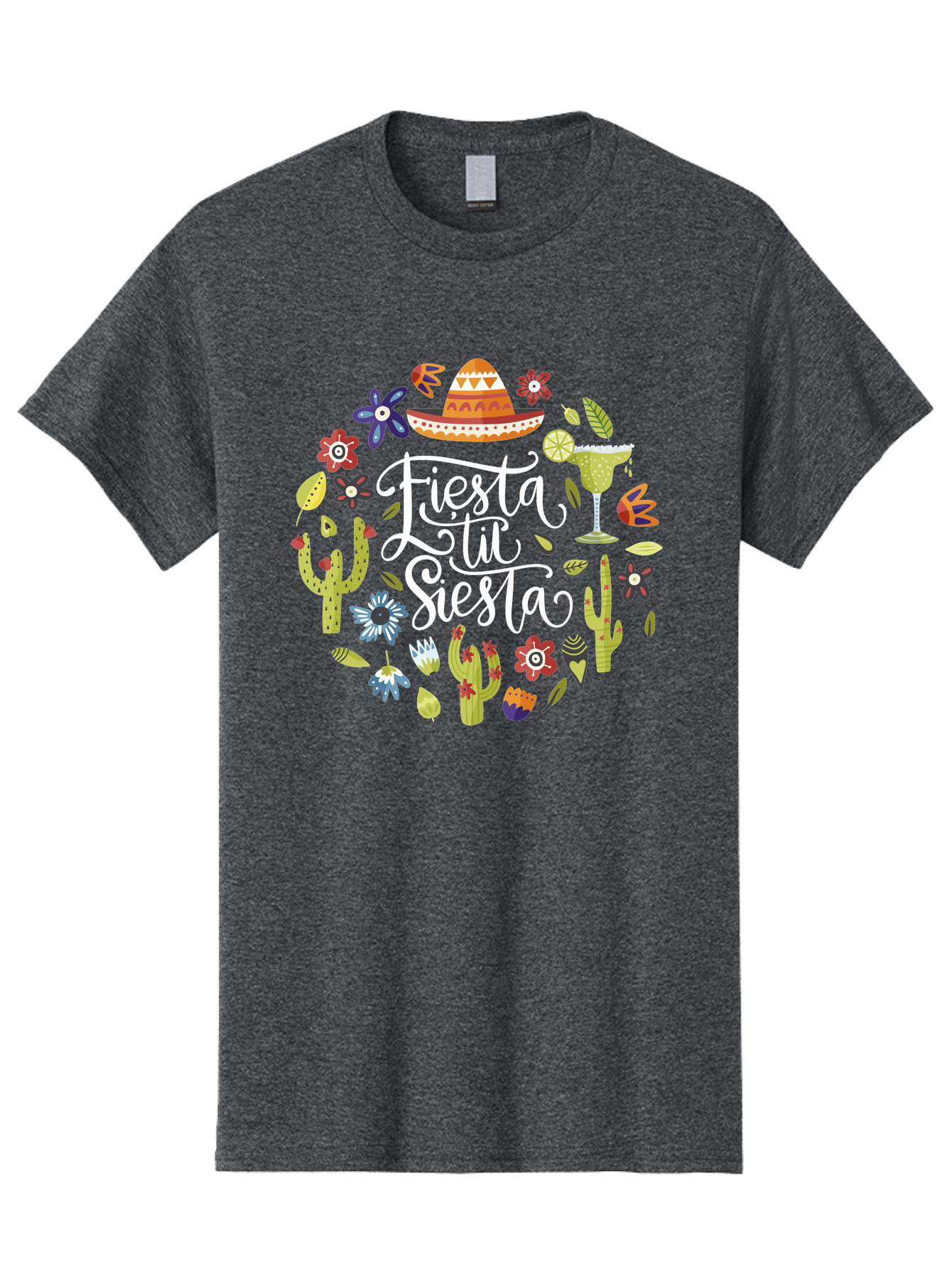 Fiesta-Tu-Siesta Men'S Graphic Tee, 100% Cotton, Comfortable Casual Summer Wear, Machine Washable, Fiesta Theme, Mexican Vacation, Margarita Cocktail, Sombrero Hat, Cacti Flowers, Colorful Decor, Party Celebration, Latino Culture, - Aaa248
