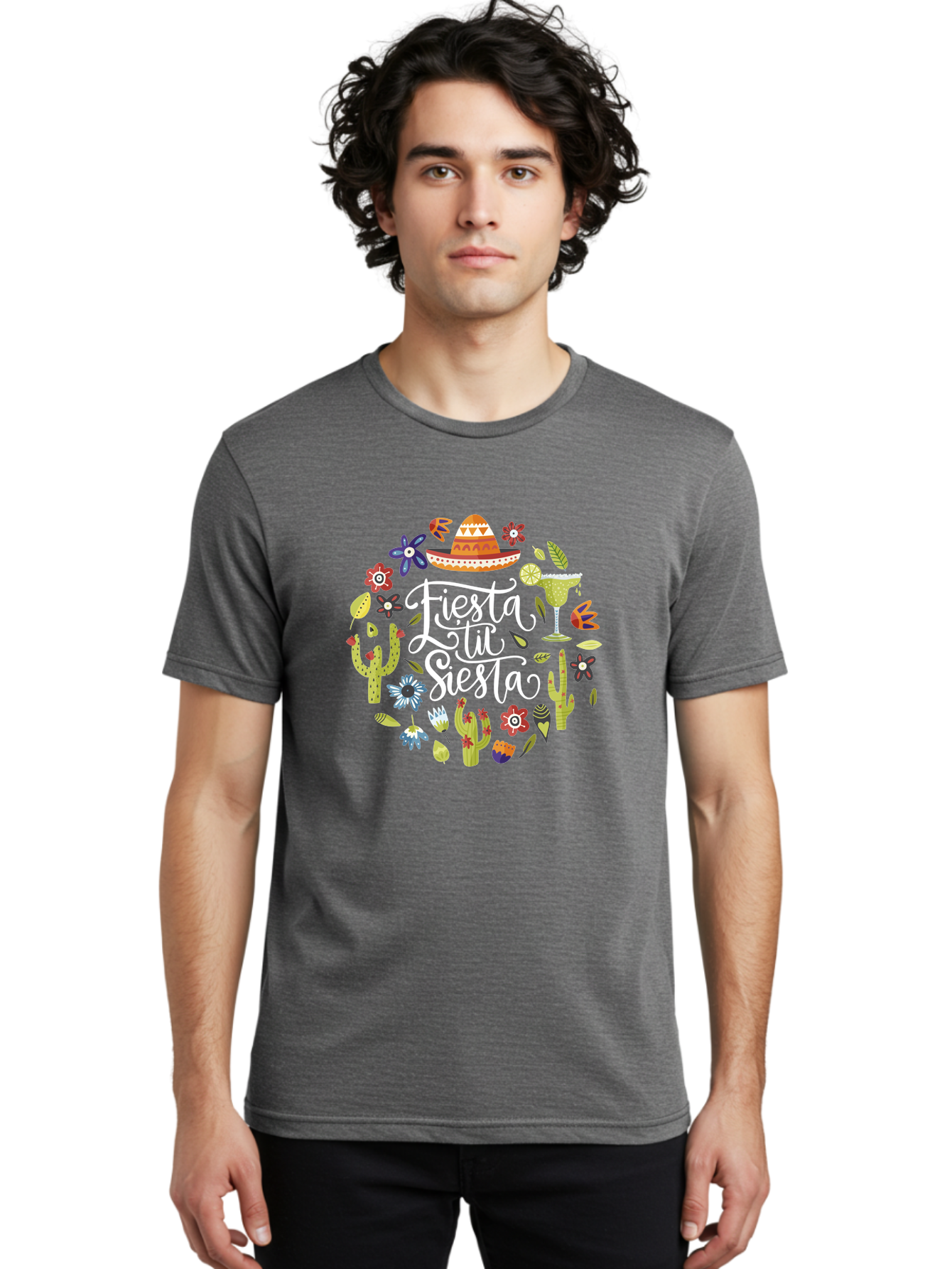 Fiesta-Tu-Siesta Men'S Graphic Tee, 100% Cotton, Comfortable Casual Summer Wear, Machine Washable, Fiesta Theme, Mexican Vacation, Margarita Cocktail, Sombrero Hat, Cacti Flowers, Colorful Decor, Party Celebration, Latino Culture, - Aaa248