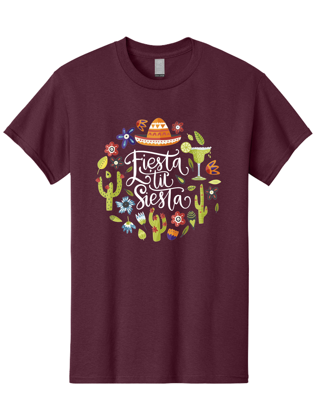 Fiesta-Tu-Siesta Men'S Graphic Tee, 100% Cotton, Comfortable Casual Summer Wear, Machine Washable, Fiesta Theme, Mexican Vacation, Margarita Cocktail, Sombrero Hat, Cacti Flowers, Colorful Decor, Party Celebration, Latino Culture, - Aaa248
