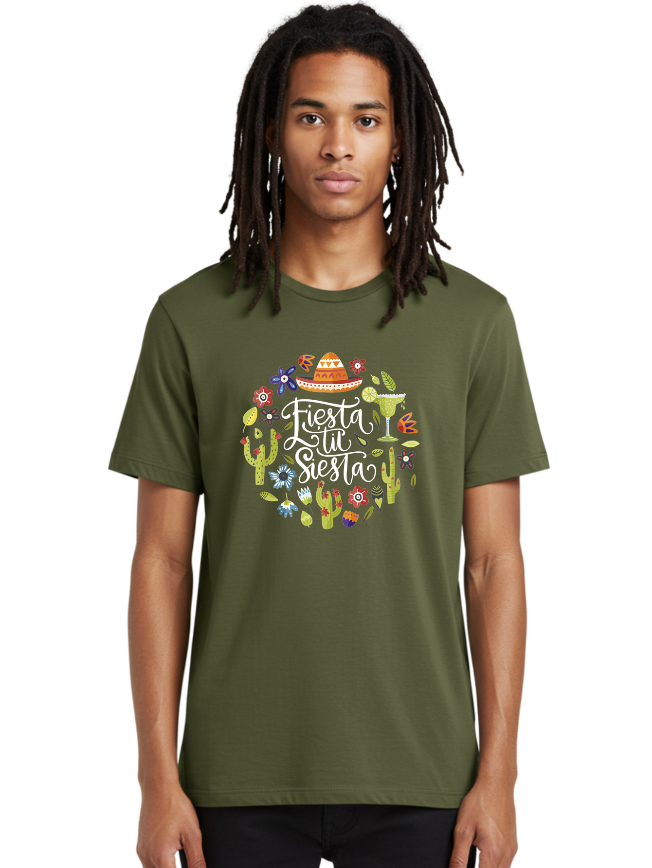 Fiesta-Tu-Siesta Men'S Graphic Tee, 100% Cotton, Comfortable Casual Summer Wear, Machine Washable, Fiesta Theme, Mexican Vacation, Margarita Cocktail, Sombrero Hat, Cacti Flowers, Colorful Decor, Party Celebration, Latino Culture, - Aaa248