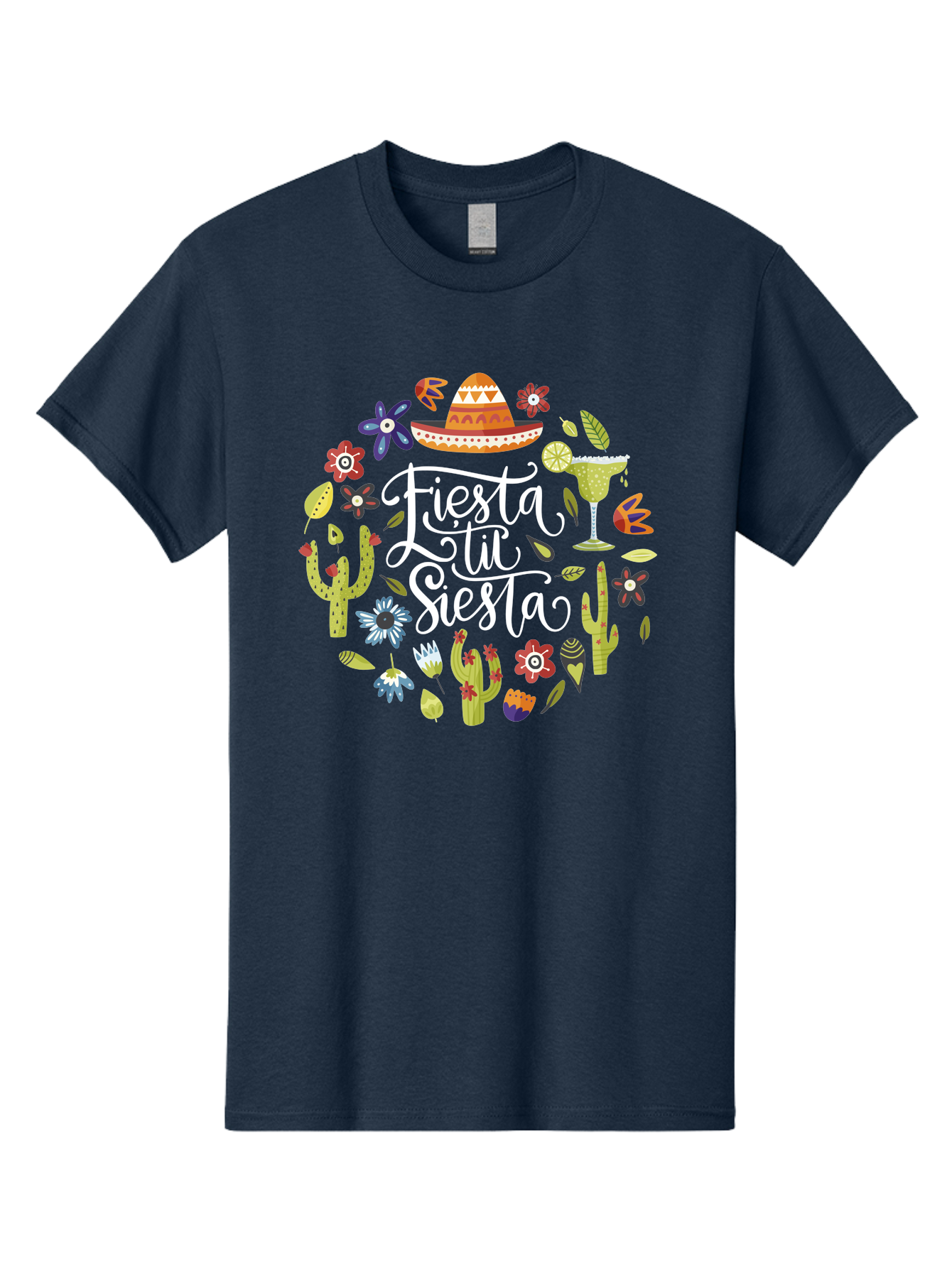 Fiesta-Tu-Siesta Men'S Graphic Tee, 100% Cotton, Comfortable Casual Summer Wear, Machine Washable, Fiesta Theme, Mexican Vacation, Margarita Cocktail, Sombrero Hat, Cacti Flowers, Colorful Decor, Party Celebration, Latino Culture, - Aaa248