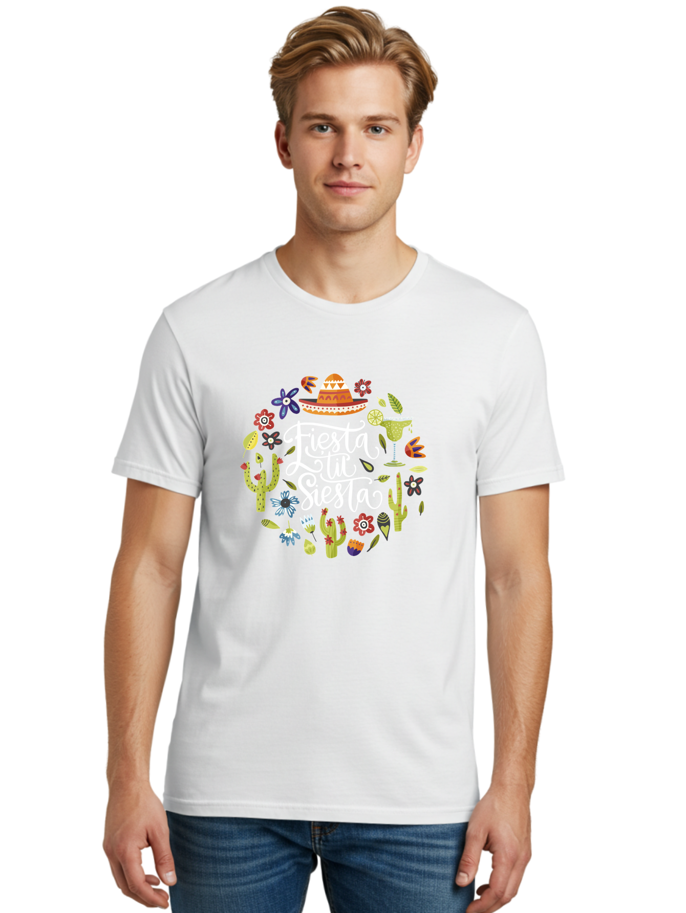 Fiesta-Tu-Siesta Men'S Graphic Tee, 100% Cotton, Comfortable Casual Summer Wear, Machine Washable, Fiesta Theme, Mexican Vacation, Margarita Cocktail, Sombrero Hat, Cacti Flowers, Colorful Decor, Party Celebration, Latino Culture, - Aaa248