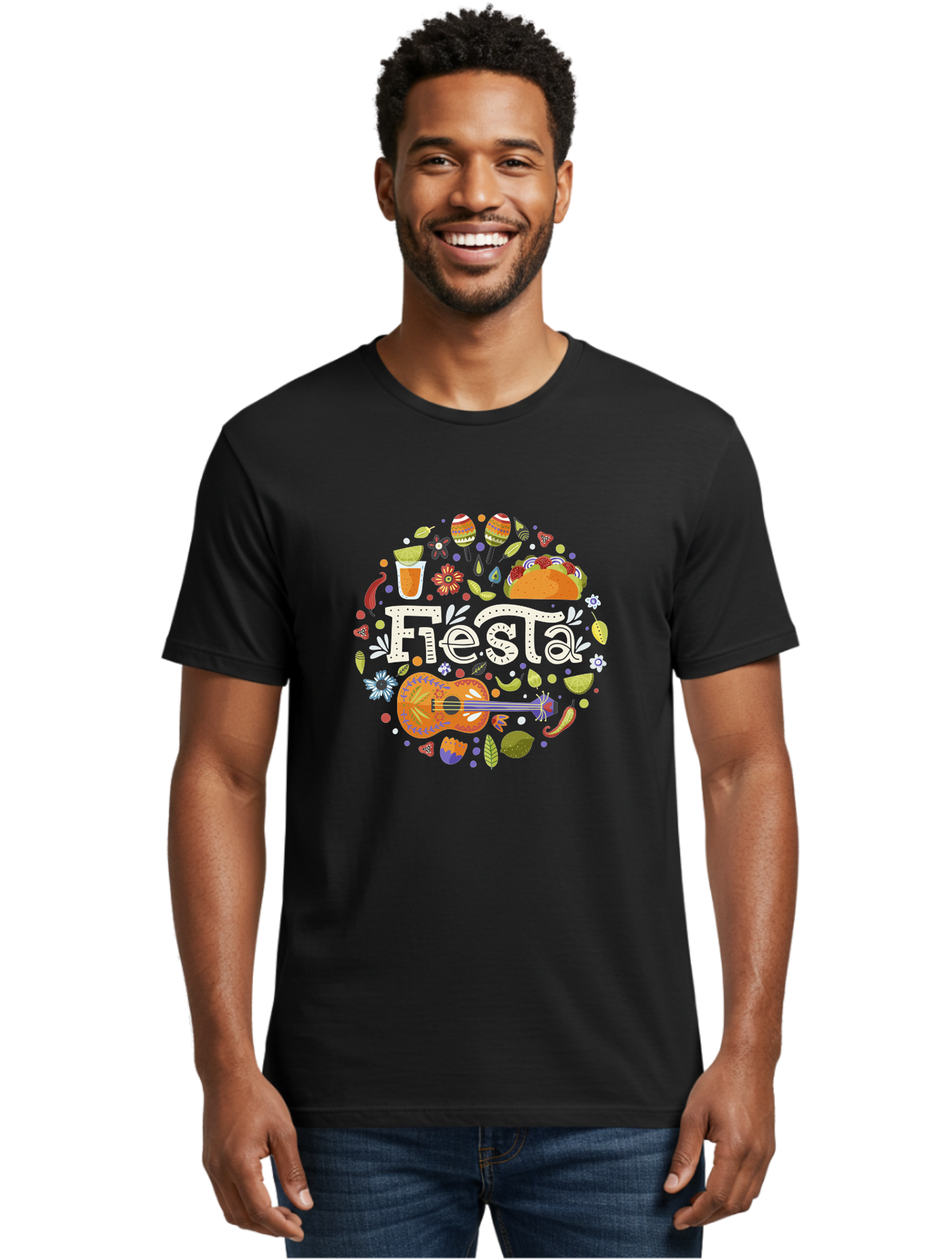 Fiesta Men'S Graphic Tee, 100% Cotton, Comfortable Casual Summer Wear, Machine Washable, Latin American Party, Festive Celebration, Traditional Food, Folk Music, Vibrant Culture, Colorful Flowers, Lively Atmosphere, Dance And Music, - Aaa249