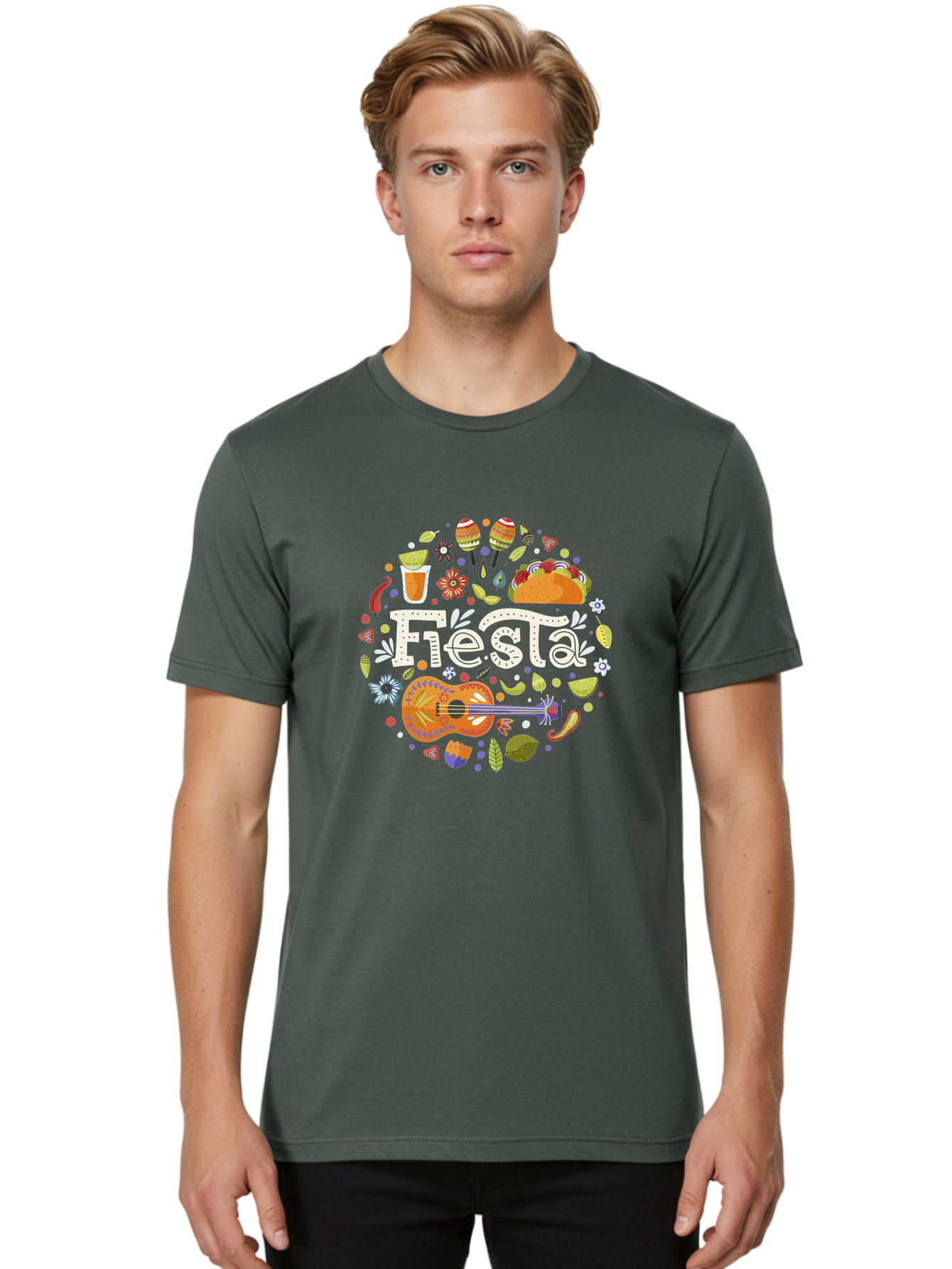 Fiesta Men'S Graphic Tee, 100% Cotton, Comfortable Casual Summer Wear, Machine Washable, Latin American Party, Festive Celebration, Traditional Food, Folk Music, Vibrant Culture, Colorful Flowers, Lively Atmosphere, Dance And Music, - Aaa249