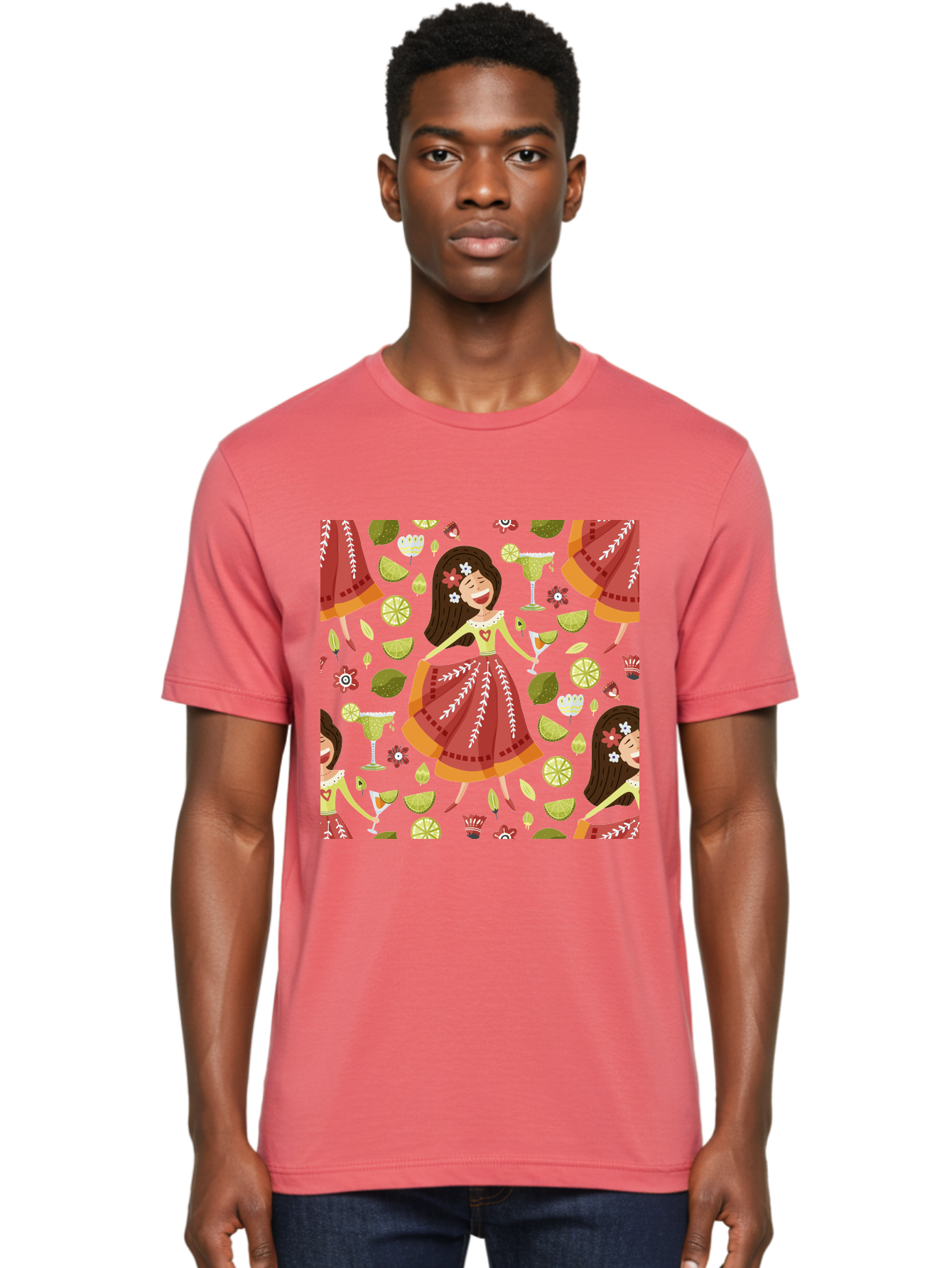 Hula-Girl Men'S Graphic Tee, 100% Cotton, Comfortable Casual Summer Wear, Machine Washable, Hula Girl, Hawaiian Dance, Margarita Cocktails, Citrus Fruits, Floral Patterns, Tropical Leaves, Dancing Woman, Festive Atmosphere, Joyful Moments, - Aaa255