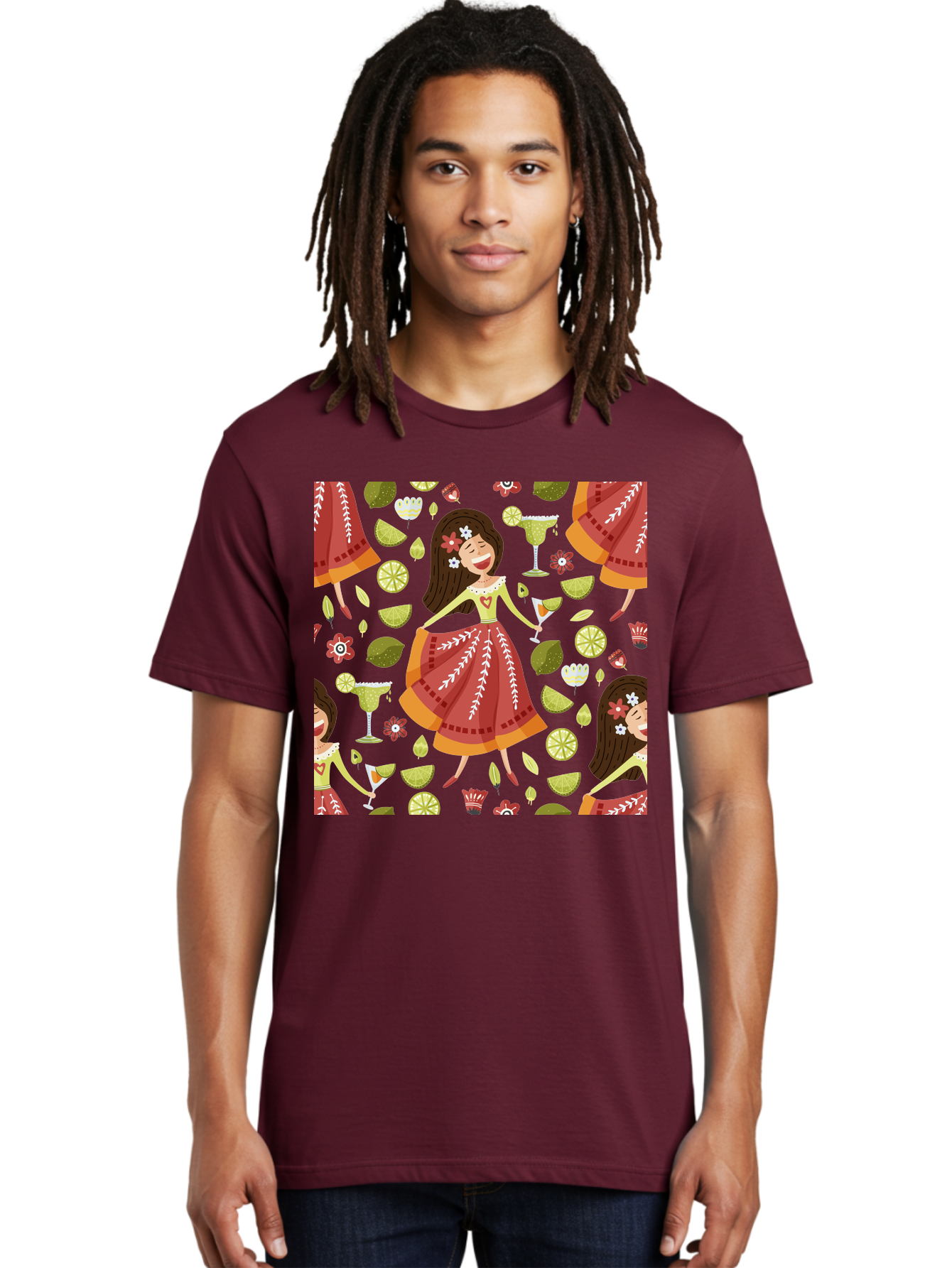 Hula-Girl Men'S Graphic Tee, 100% Cotton, Comfortable Casual Summer Wear, Machine Washable, Hula Girl, Hawaiian Dance, Margarita Cocktails, Citrus Fruits, Floral Patterns, Tropical Leaves, Dancing Woman, Festive Atmosphere, Joyful Moments, - Aaa255