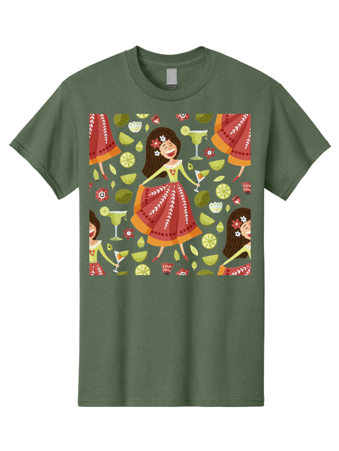 Hula-Girl Men'S Graphic Tee, 100% Cotton, Comfortable Casual Summer Wear, Machine Washable, Hula Girl, Hawaiian Dance, Margarita Cocktails, Citrus Fruits, Floral Patterns, Tropical Leaves, Dancing Woman, Festive Atmosphere, Joyful Moments, - Aaa255