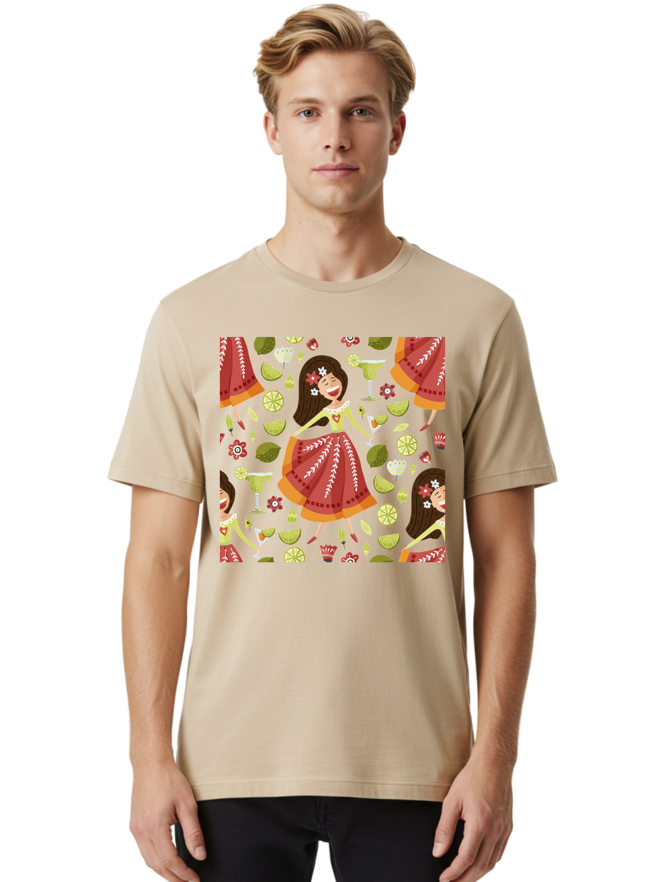Hula-Girl Men'S Graphic Tee, 100% Cotton, Comfortable Casual Summer Wear, Machine Washable, Hula Girl, Hawaiian Dance, Margarita Cocktails, Citrus Fruits, Floral Patterns, Tropical Leaves, Dancing Woman, Festive Atmosphere, Joyful Moments, - Aaa255