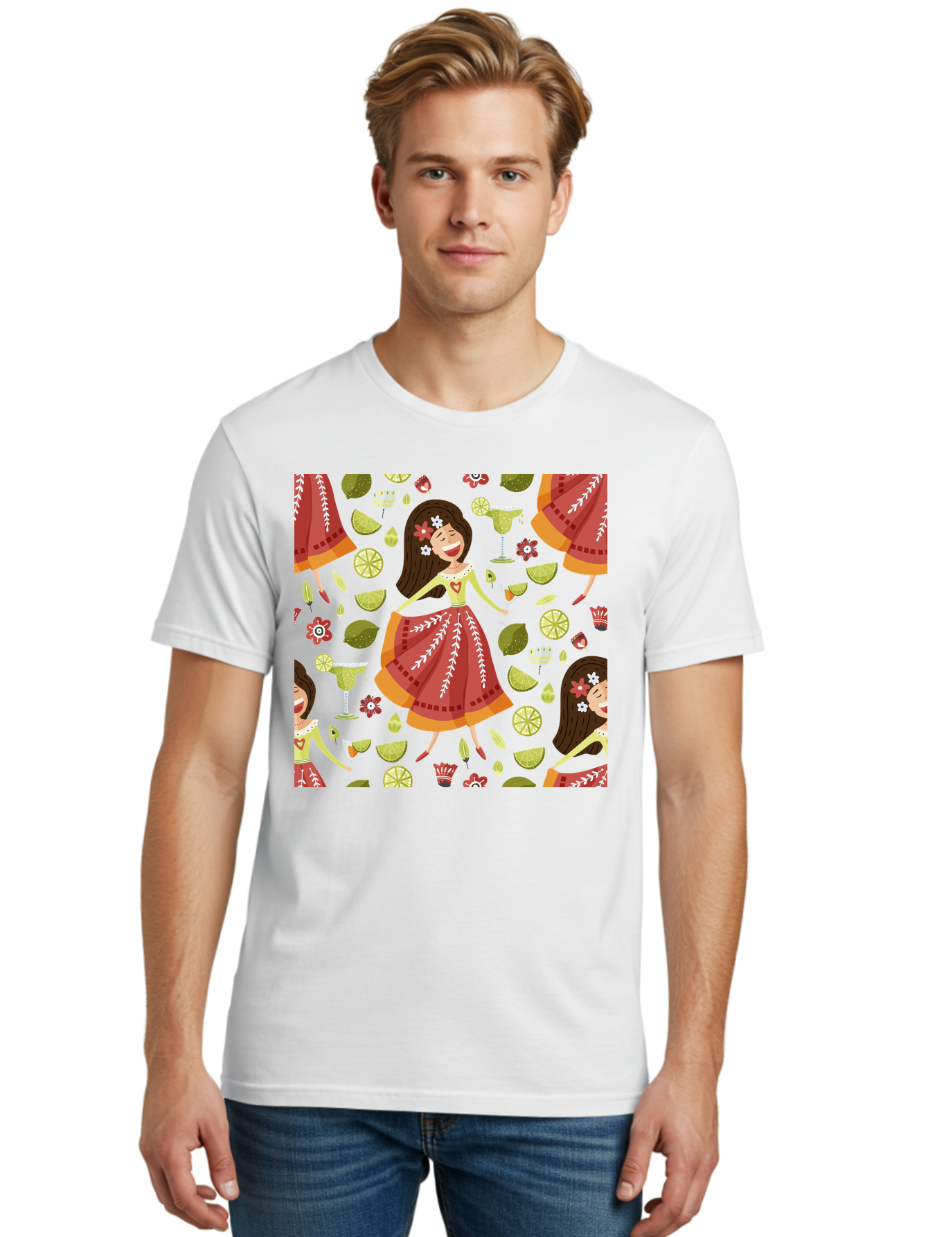 Hula-Girl Men'S Graphic Tee, 100% Cotton, Comfortable Casual Summer Wear, Machine Washable, Hula Girl, Hawaiian Dance, Margarita Cocktails, Citrus Fruits, Floral Patterns, Tropical Leaves, Dancing Woman, Festive Atmosphere, Joyful Moments, - Aaa255