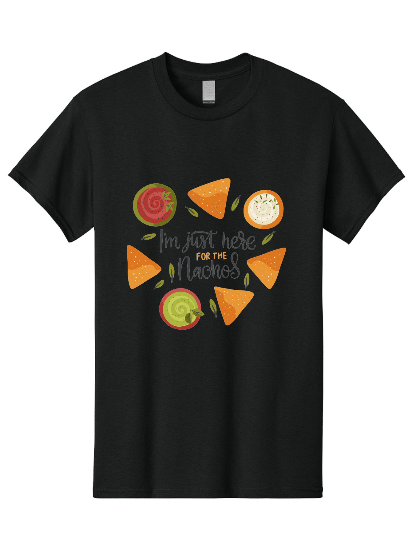 I-M-Just-Here-For-The-Nachos-1 Men'S Graphic Tee, 100% Cotton, Comfortable Casual Summer Wear, Machine Washable, Nachos, Dips, Salsa, Guacamole, Queso, Tortilla Chips, Snack Time, Mexican Food, Party Food, Nacho Cheese, Appetizer - Aaa262