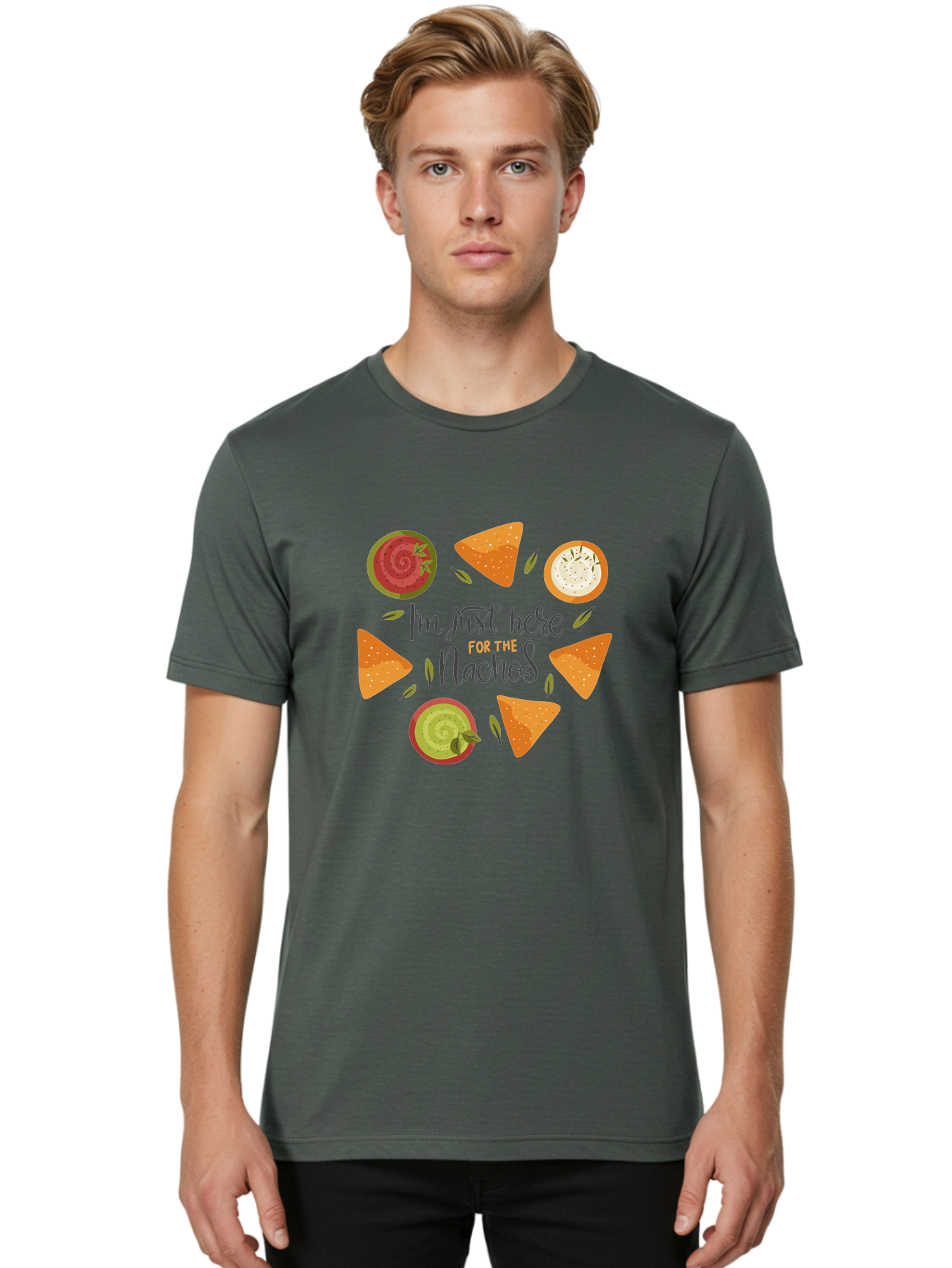 I-M-Just-Here-For-The-Nachos-1 Men'S Graphic Tee, 100% Cotton, Comfortable Casual Summer Wear, Machine Washable, Nachos, Dips, Salsa, Guacamole, Queso, Tortilla Chips, Snack Time, Mexican Food, Party Food, Nacho Cheese, Appetizer - Aaa262
